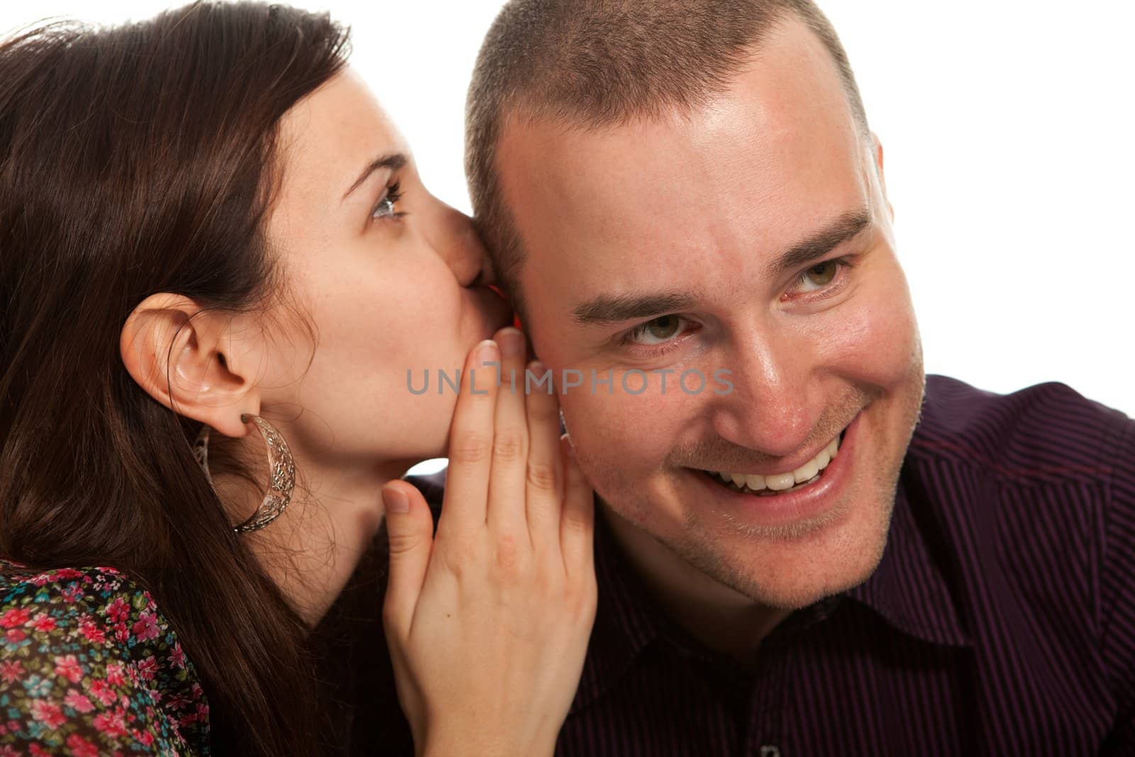 Men and woman talking rumors. Isolated on white