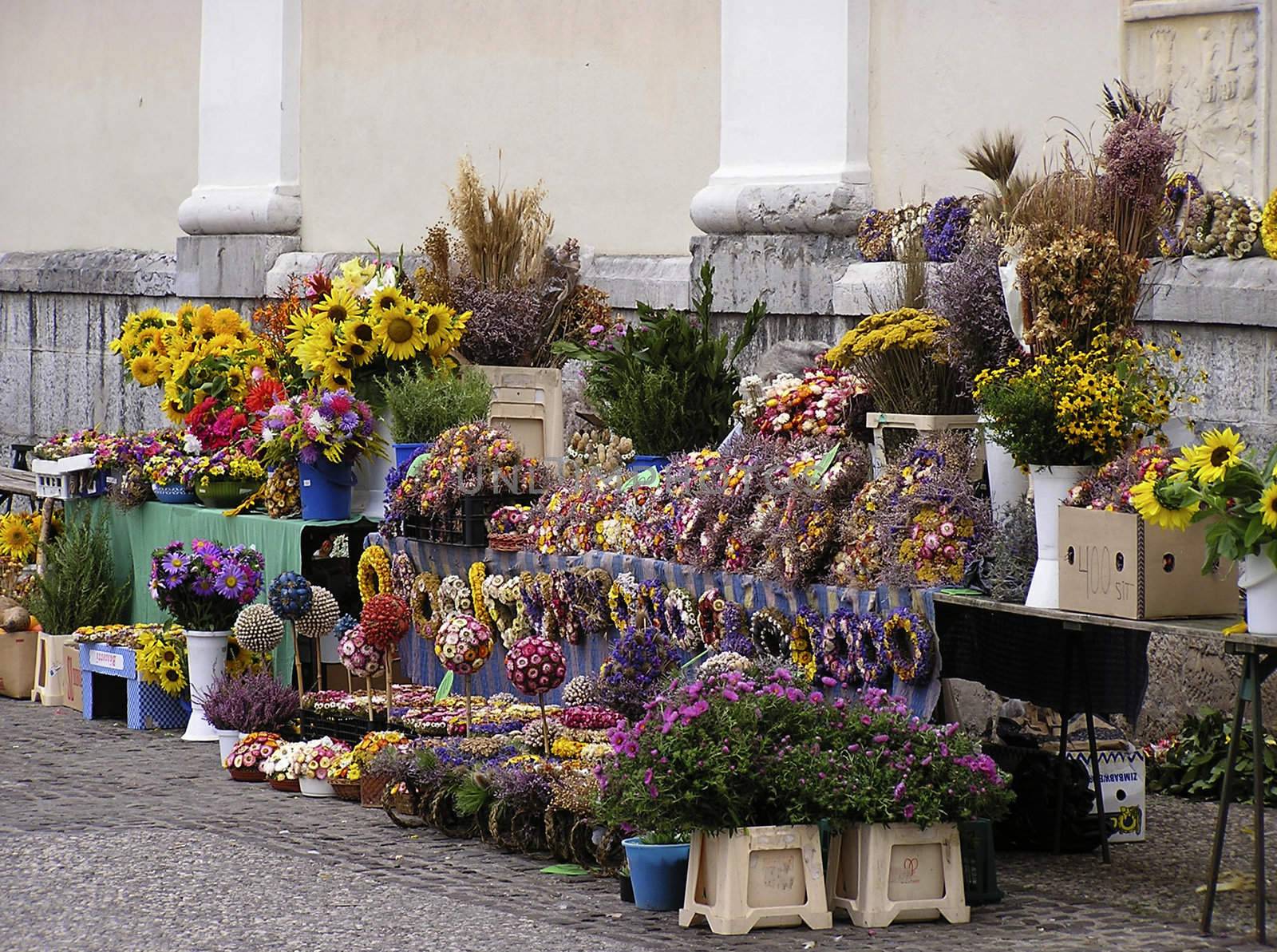 Stand with colorful flowers at lokal market.
