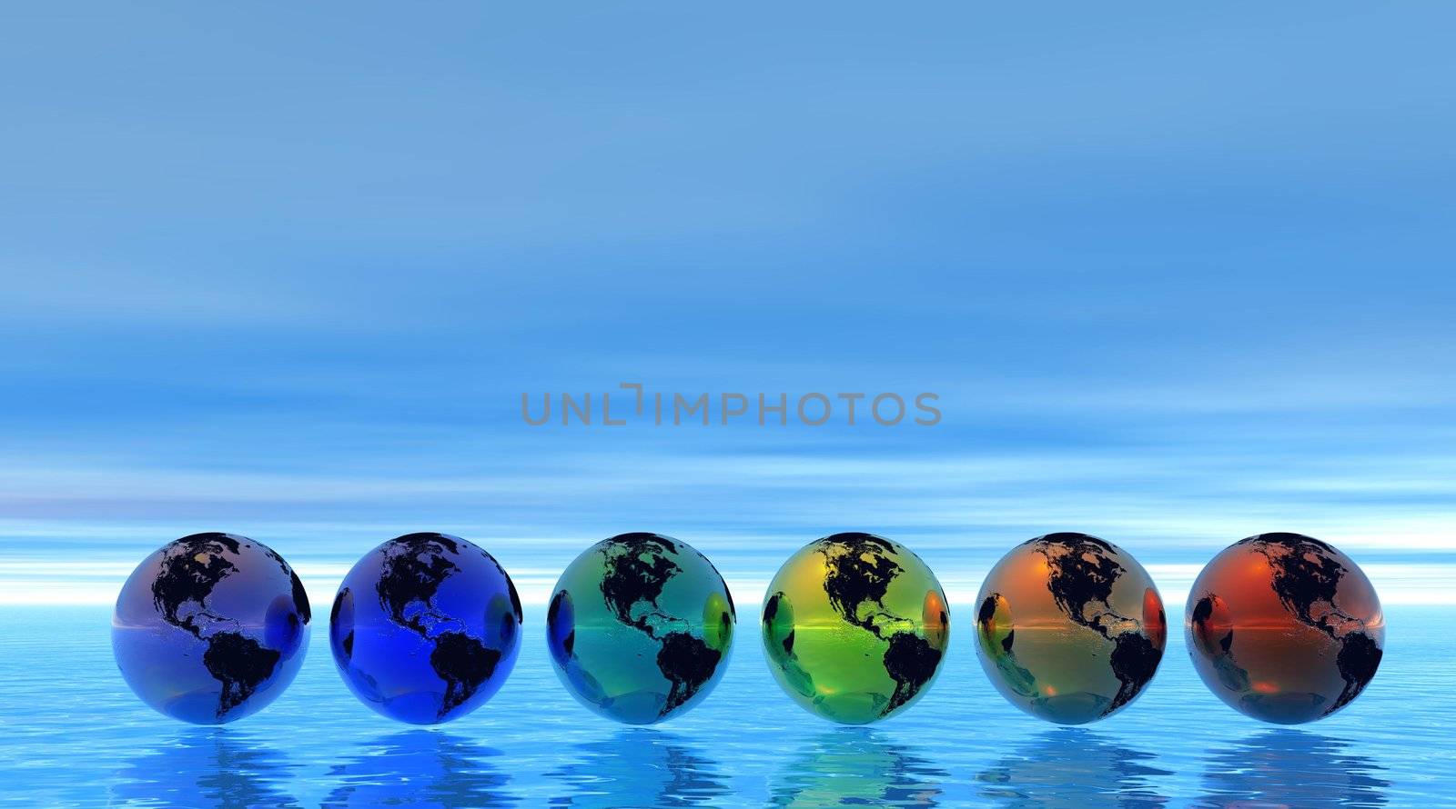 Six rainbow color alined earth floating upon the sea with cloudy sky