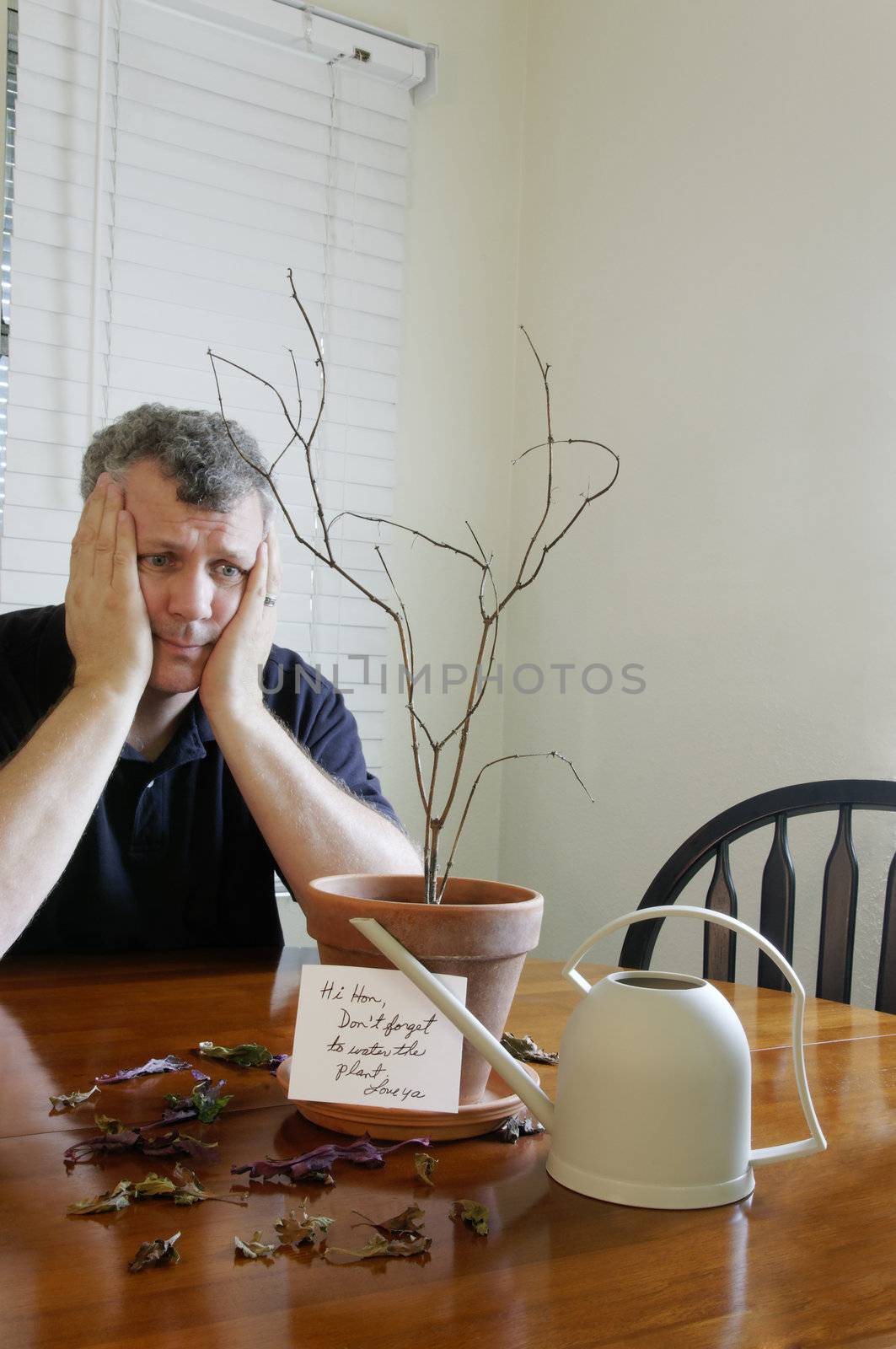 A man looking distraught after realizing that he forgot to water a plant.