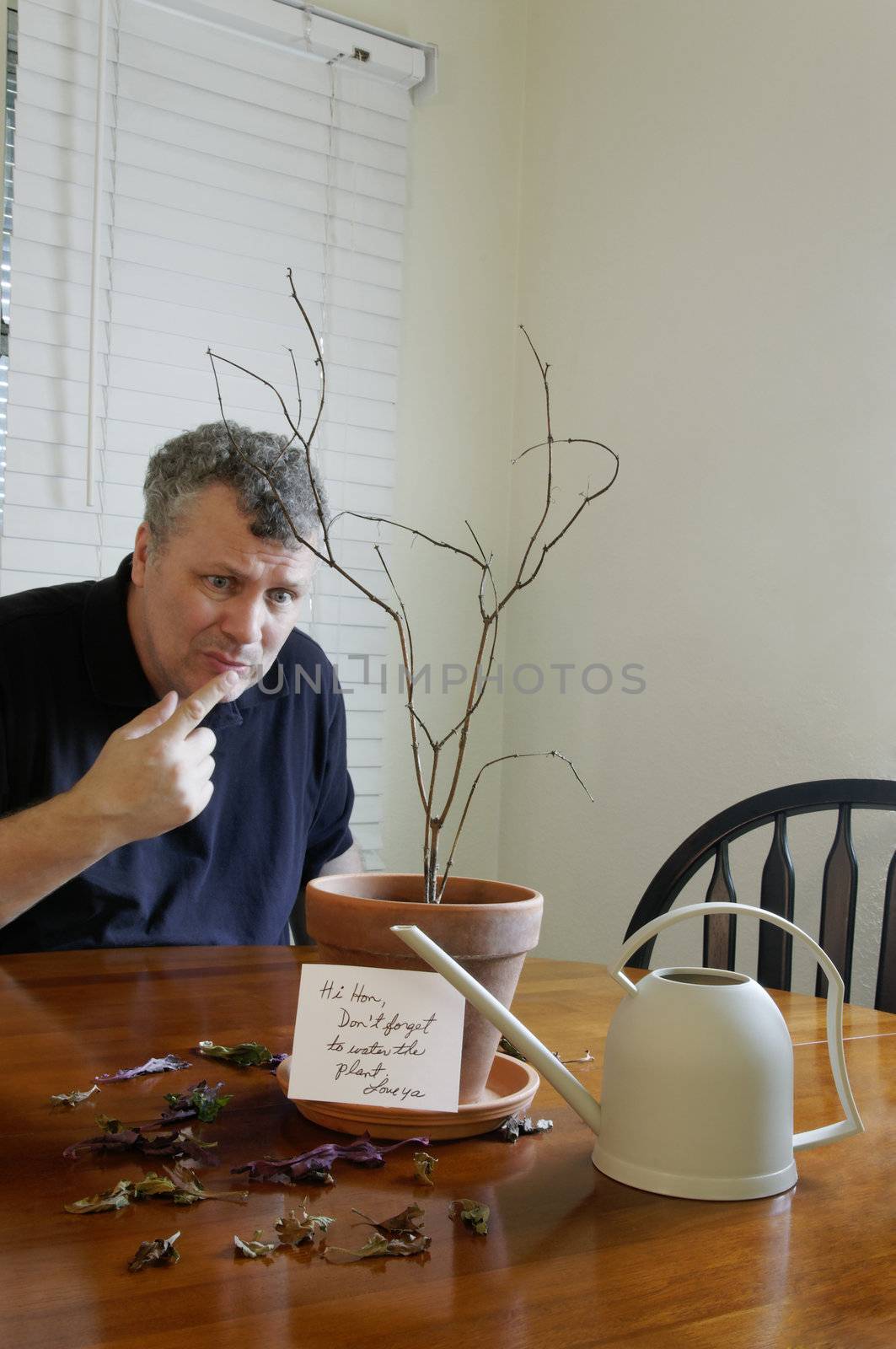 A man looking perplexed after realizing that he forgot to water his wife's plant.