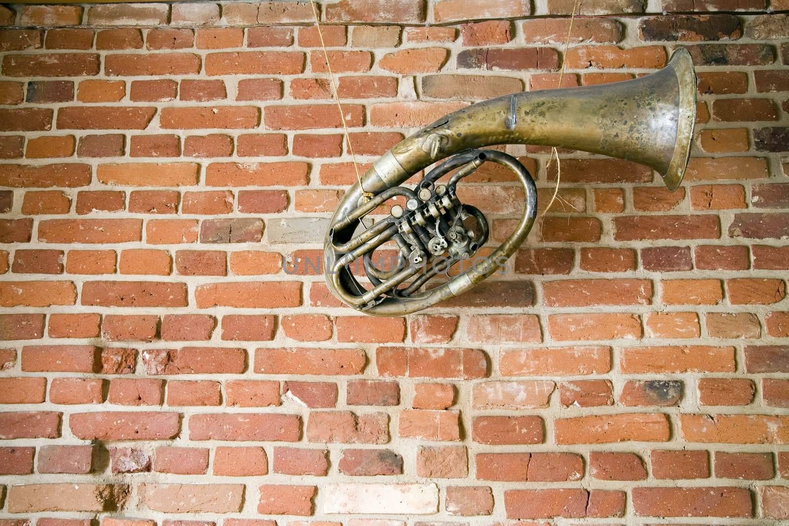 old music instrument on the brick wall
