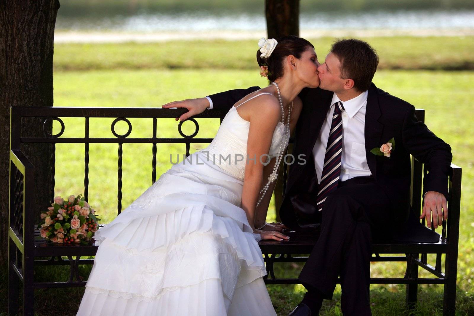 Closeup of happy newlywed couple kissing on park bench outdoors.