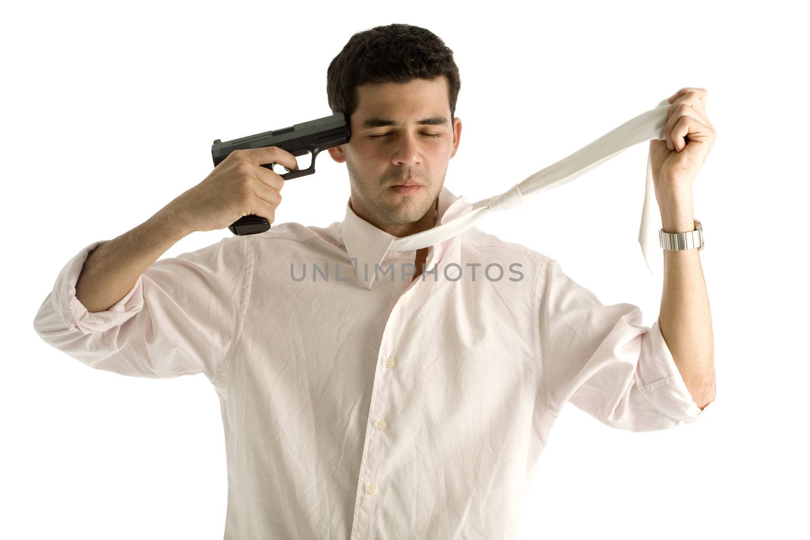 A 20 year old latino business man with a gun and light pink shirt, isolated on a white background, atempting suicide.