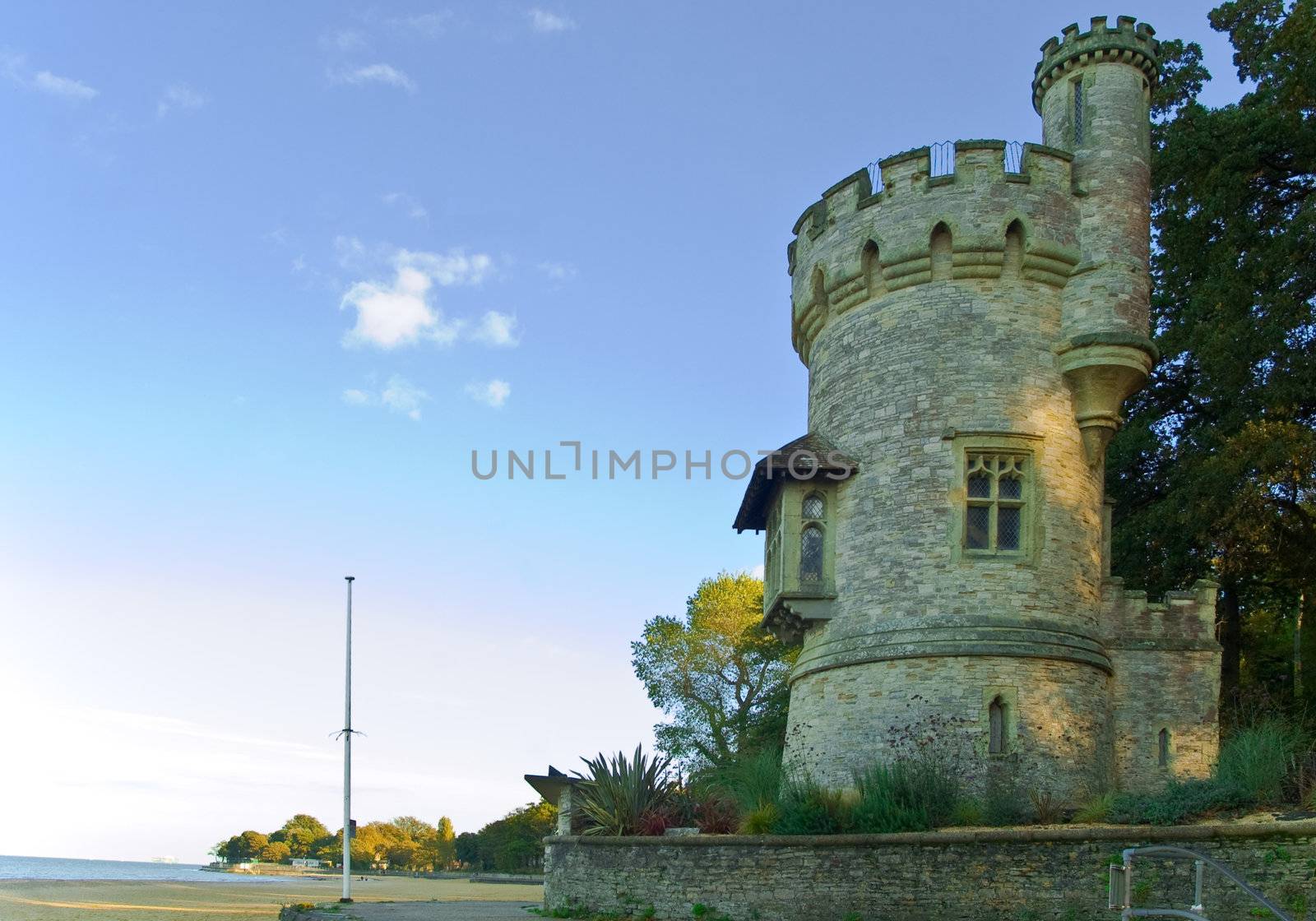 an image of the famous Victorian folly Appley Tower on the beach at Ryde in the Isle of Wight UK