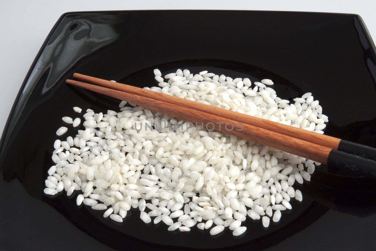 Close up of white rice over a black plate