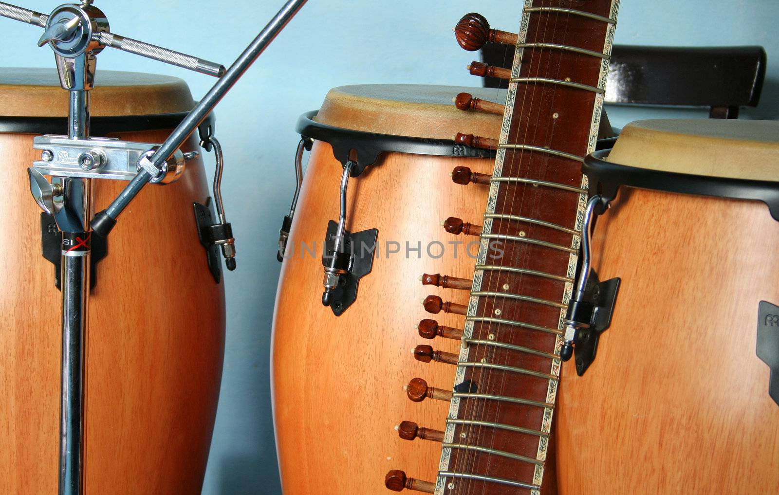 old sitar and three bongos