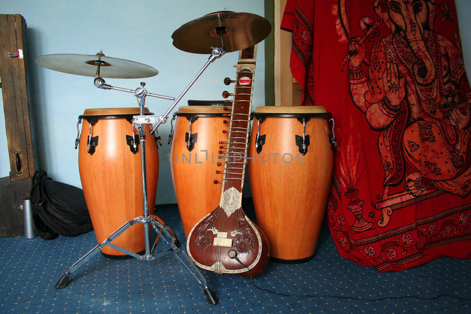old sitar and three bongos