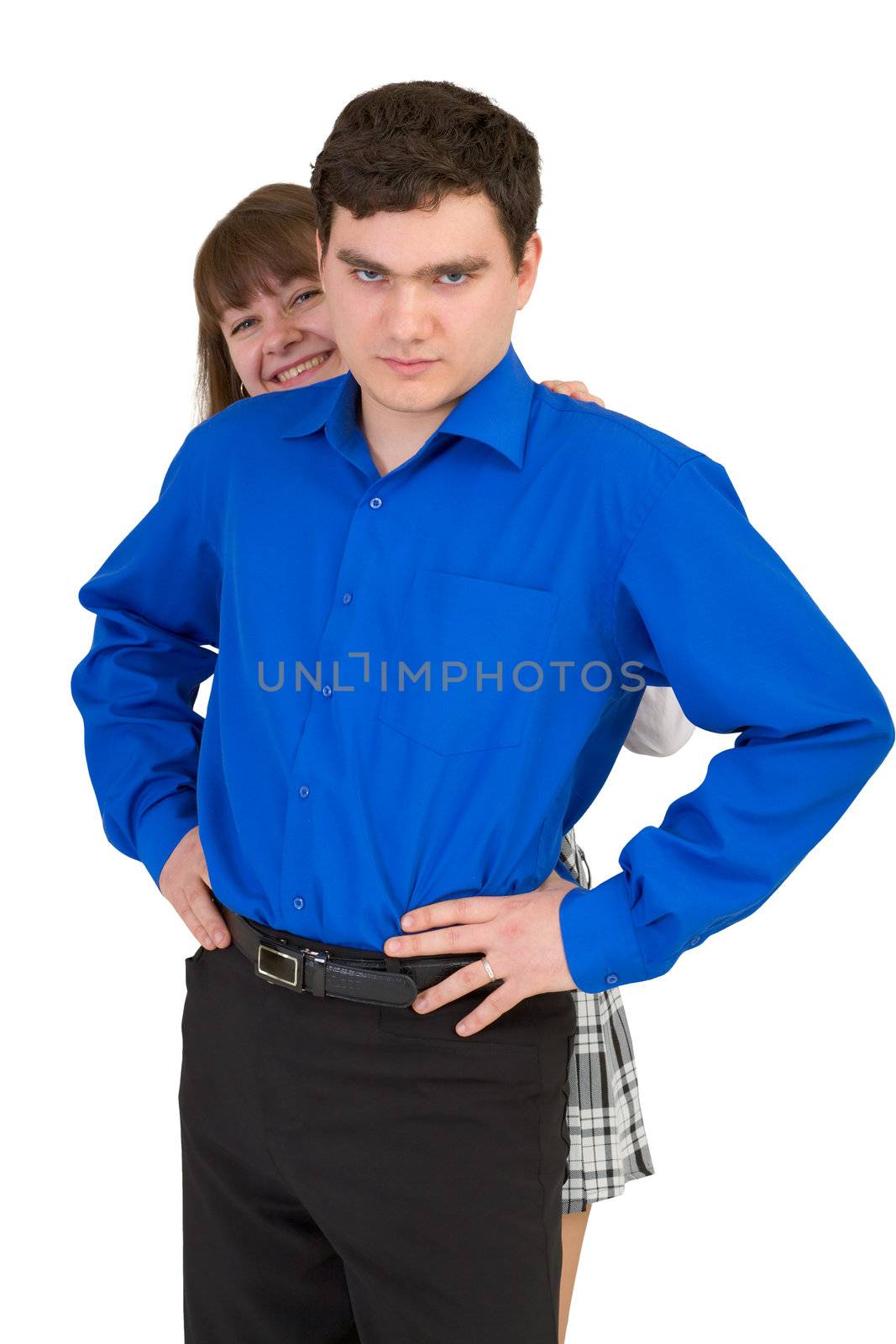 Young man protects the weak woman on white