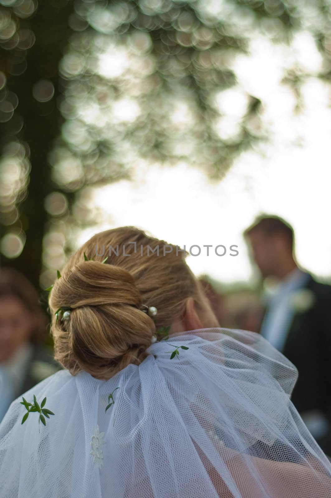 Bride facing groom unfocused with people in the background