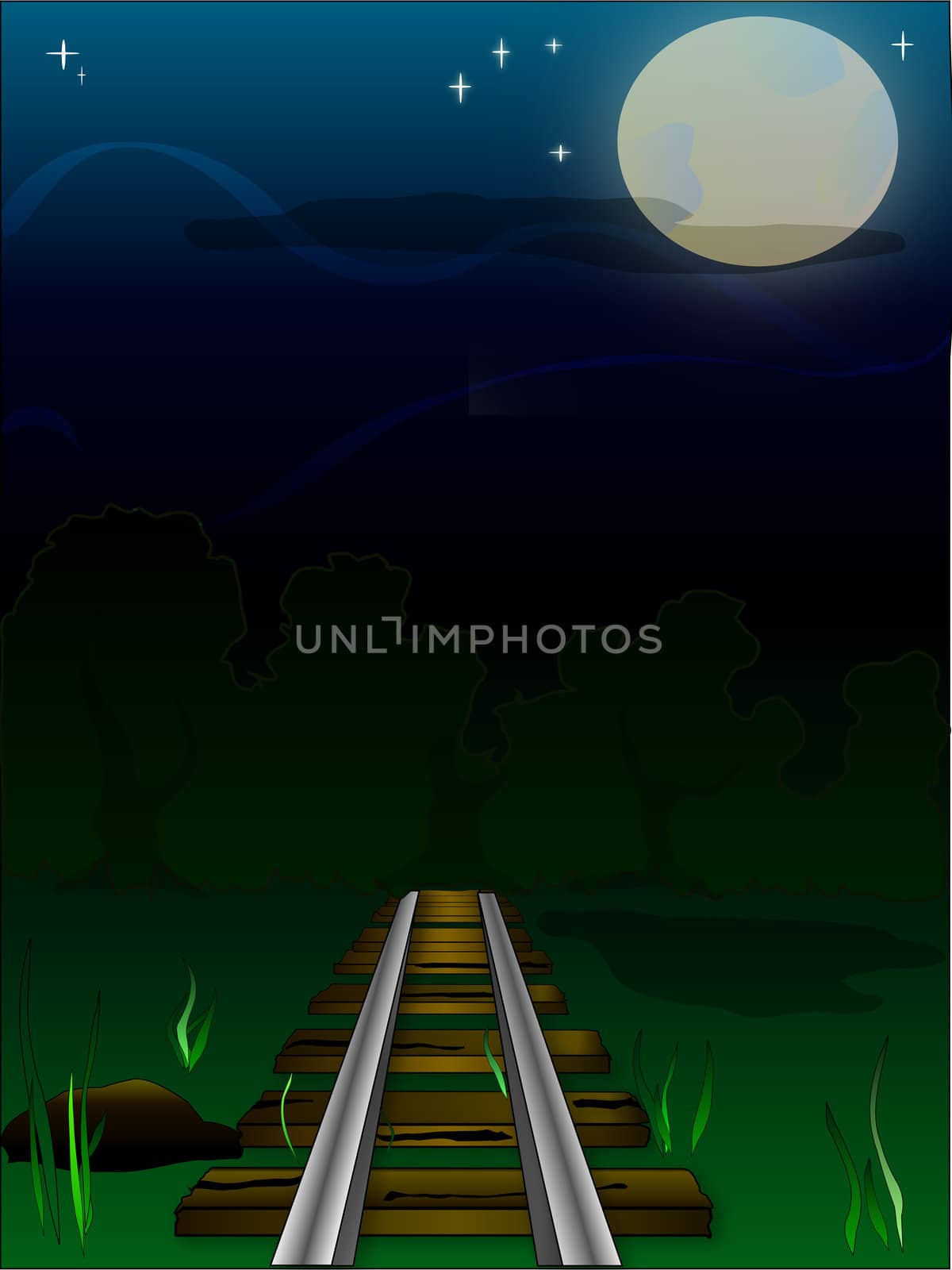 nocturnal lunar landscape with fleeing into the distance rails