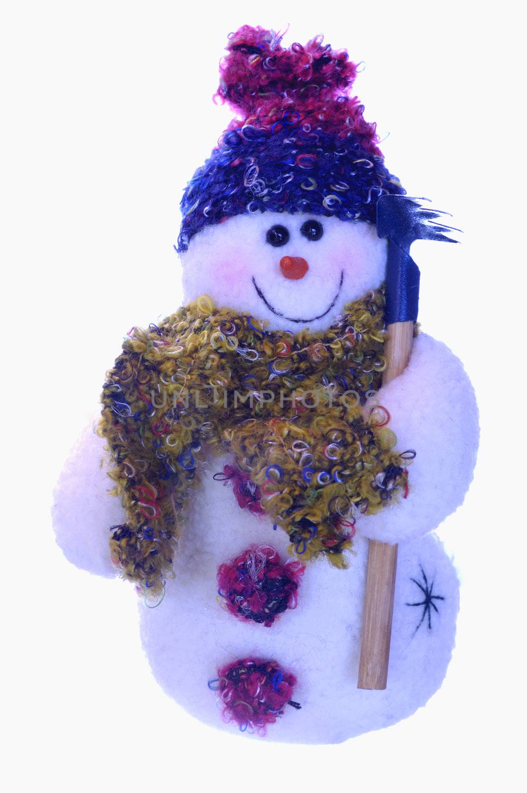 A cute snowman doll, isolated on a white background. Space for text.