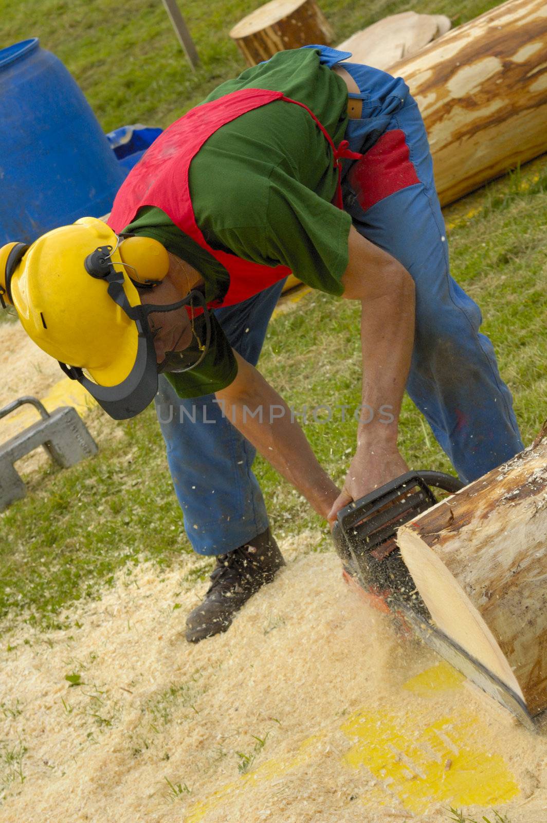 A woodcutter trimming a pine log with a chainsaw, the sawdust flying.