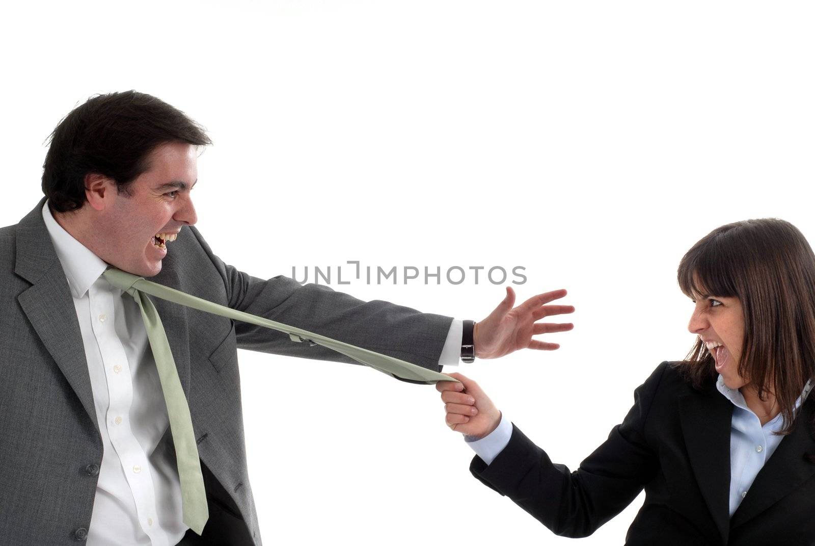 A business couple fighting isolated on white