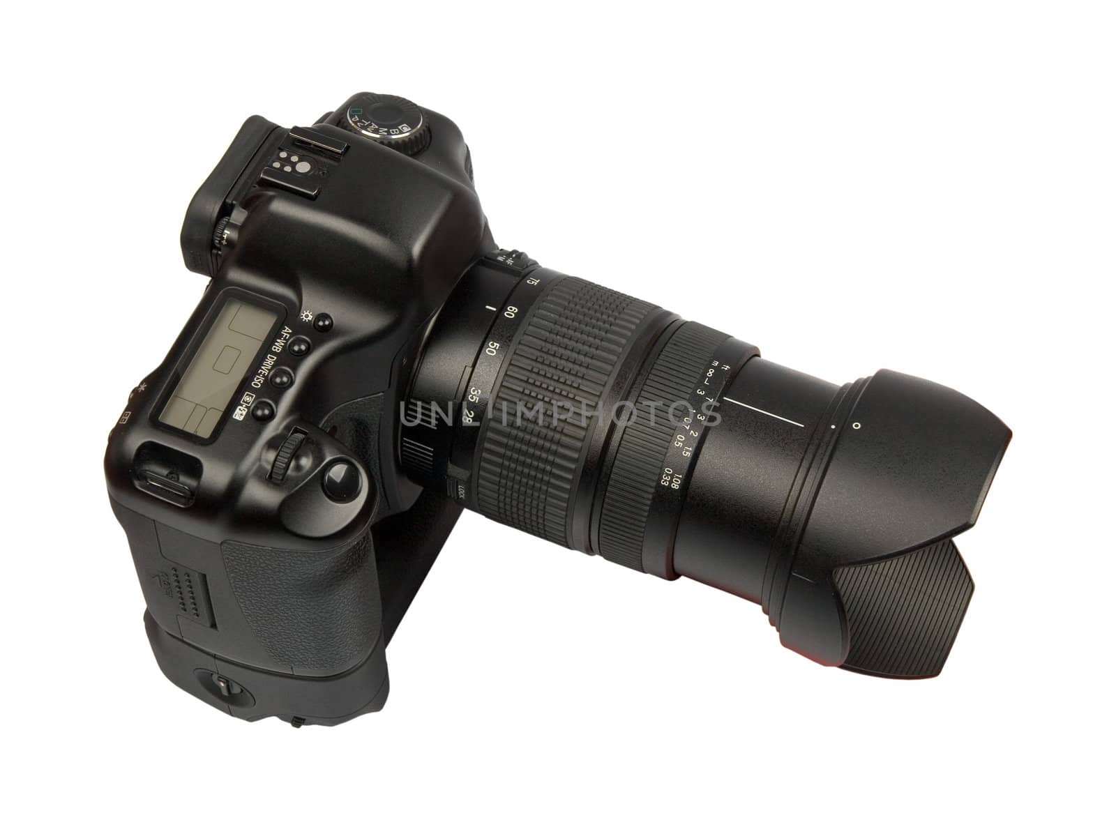 digital full frame camera with 28-75 lens isolated on white background