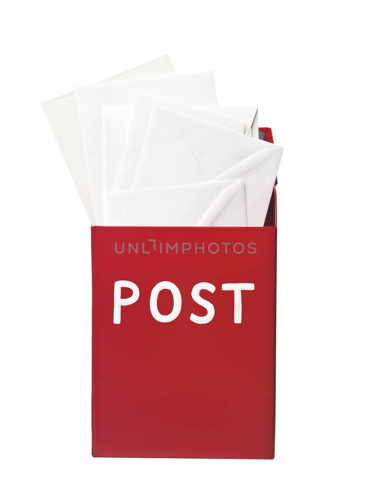 Red mailbox with mail in it isolated on a white background