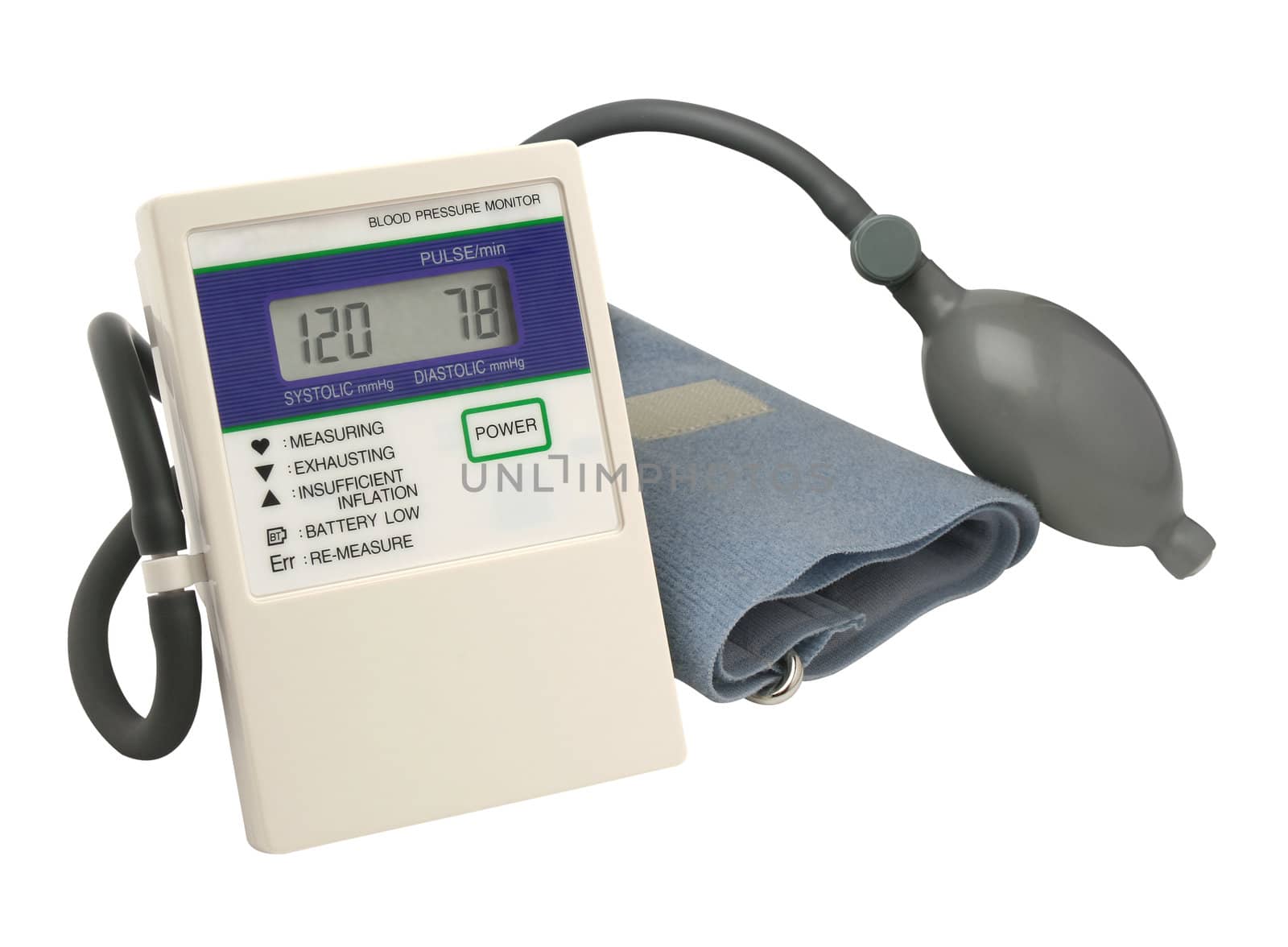 Digital blood pressure gauge over white