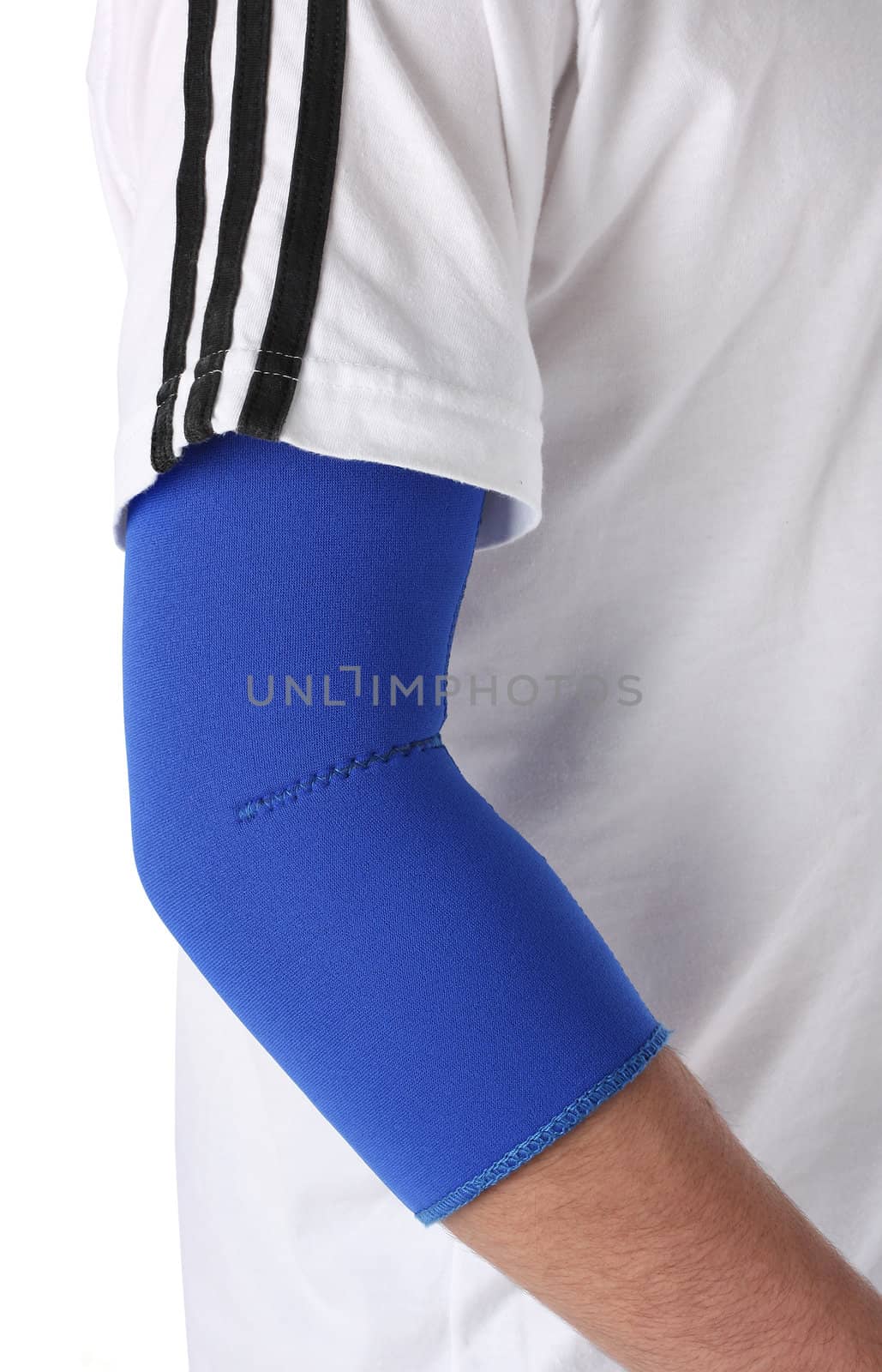 Man wearing an elbow brace over white