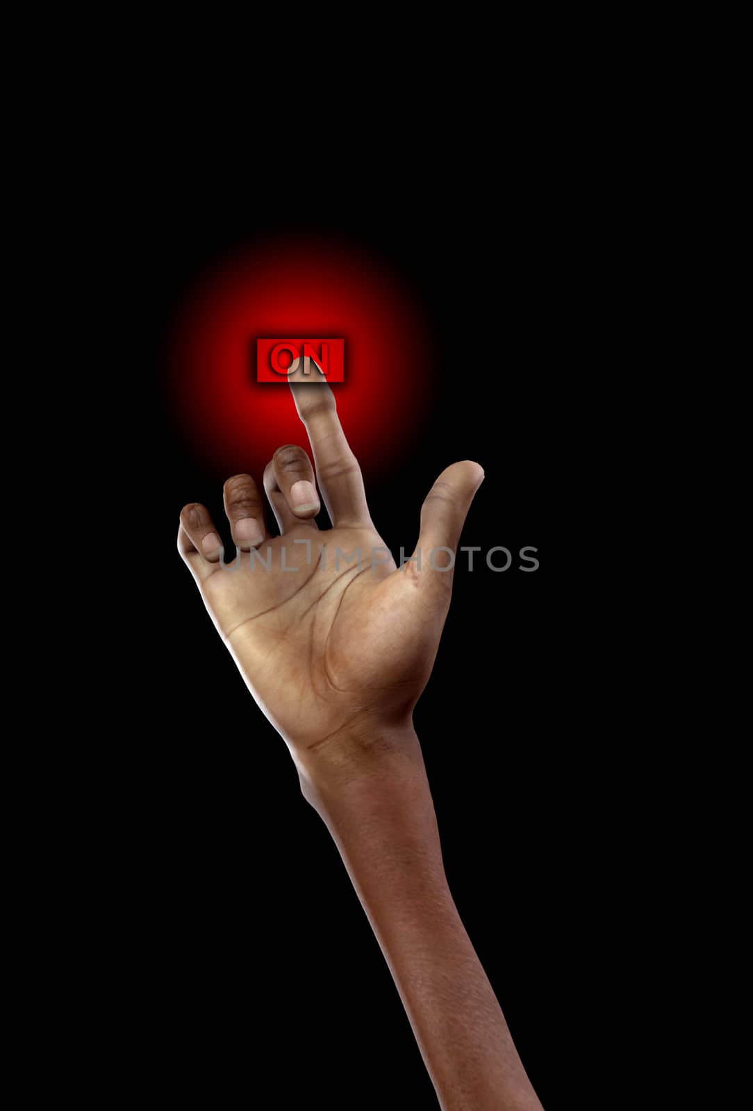 Conceptual image of a hand touching an on button.