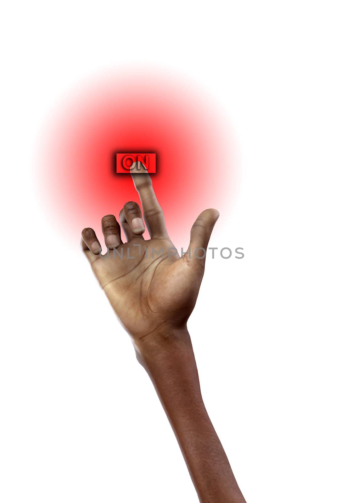 Conceptual image of a hand touching an on button.