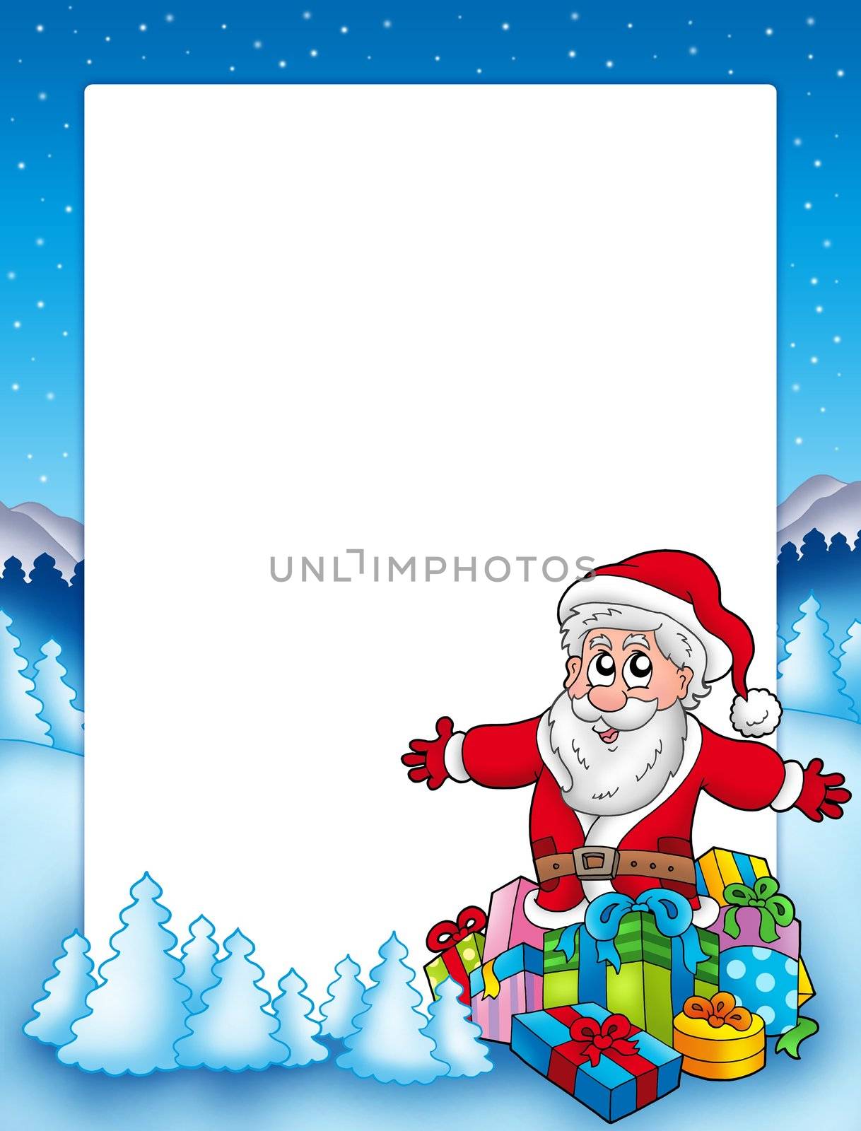 Frame with Santa and pile of gifts by clairev