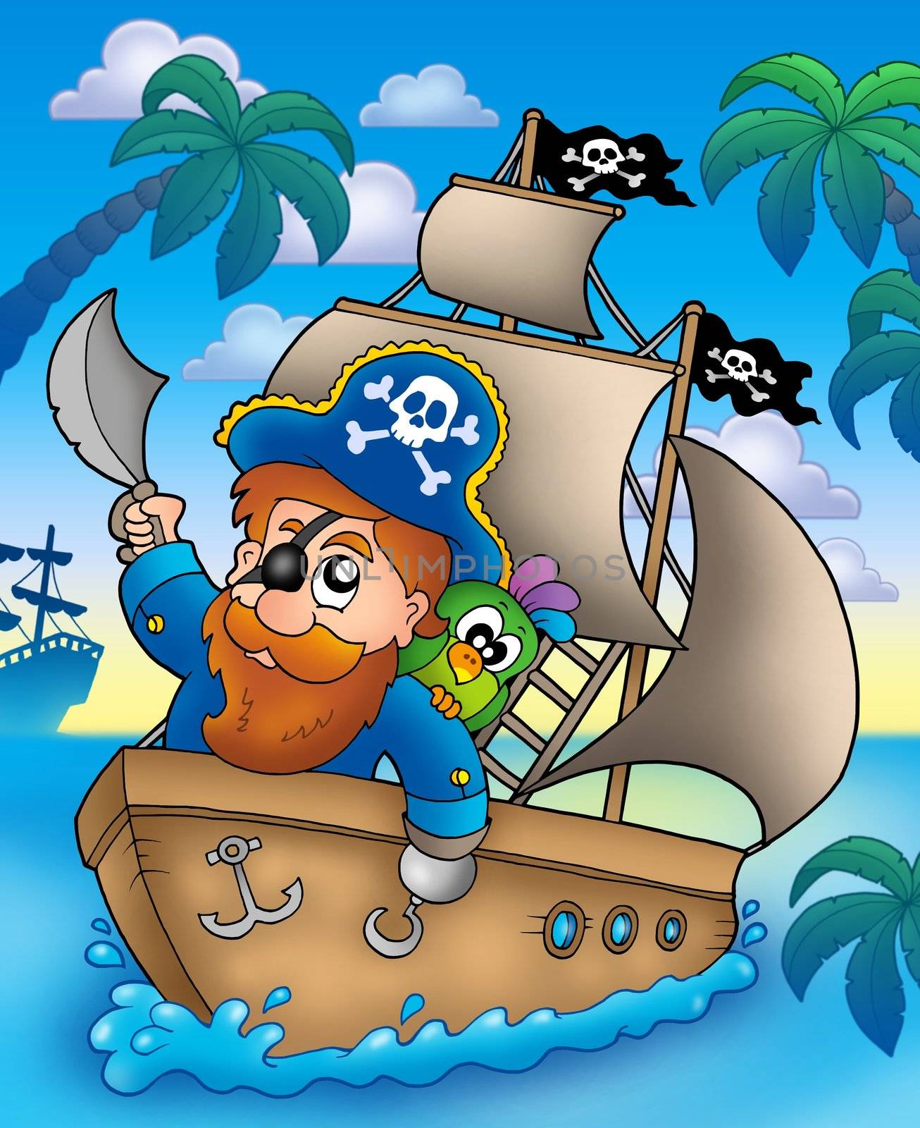 Cartoon pirate sailing on ship - color illustration.