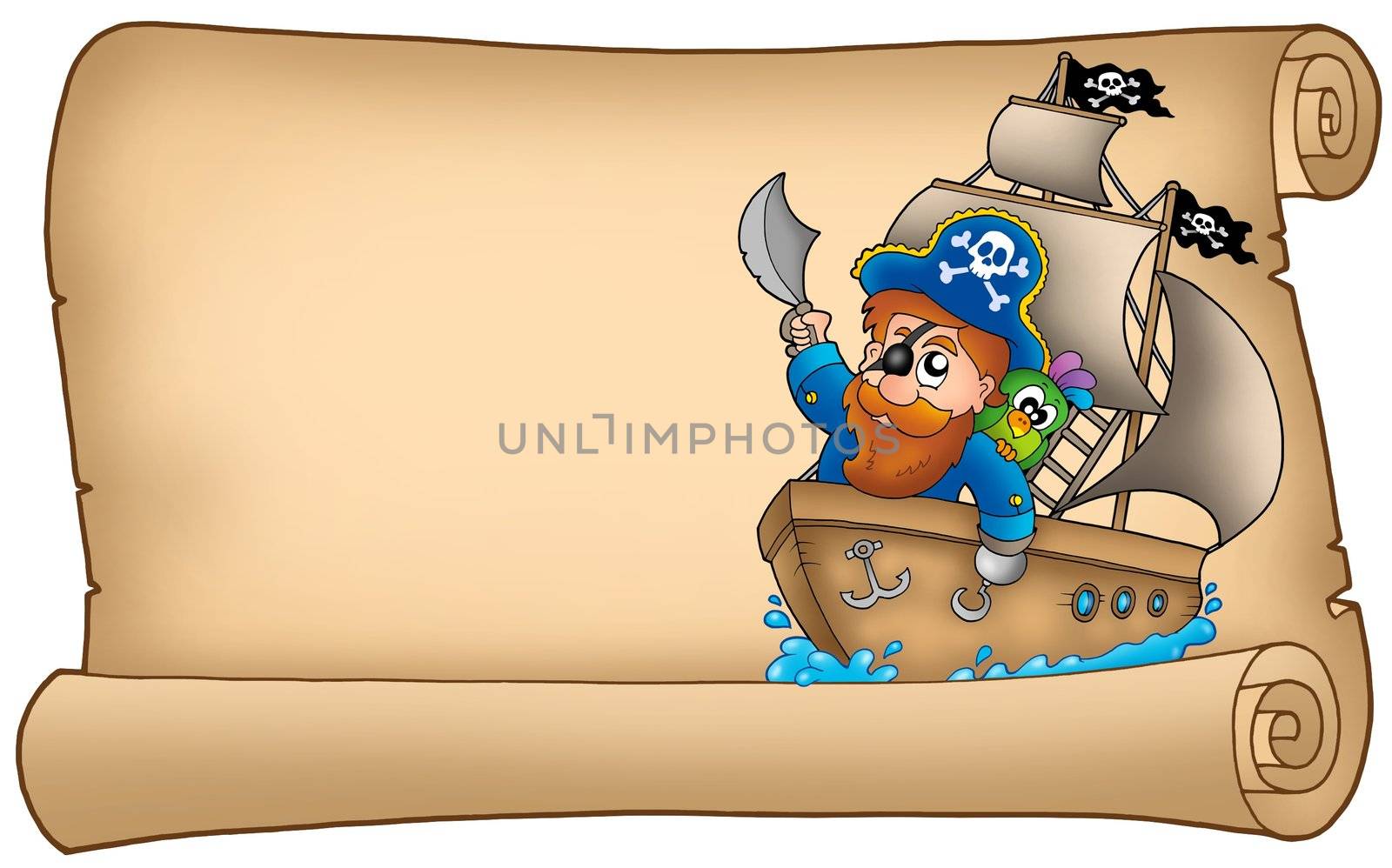 Old parchment with pirate sailing on ship by clairev