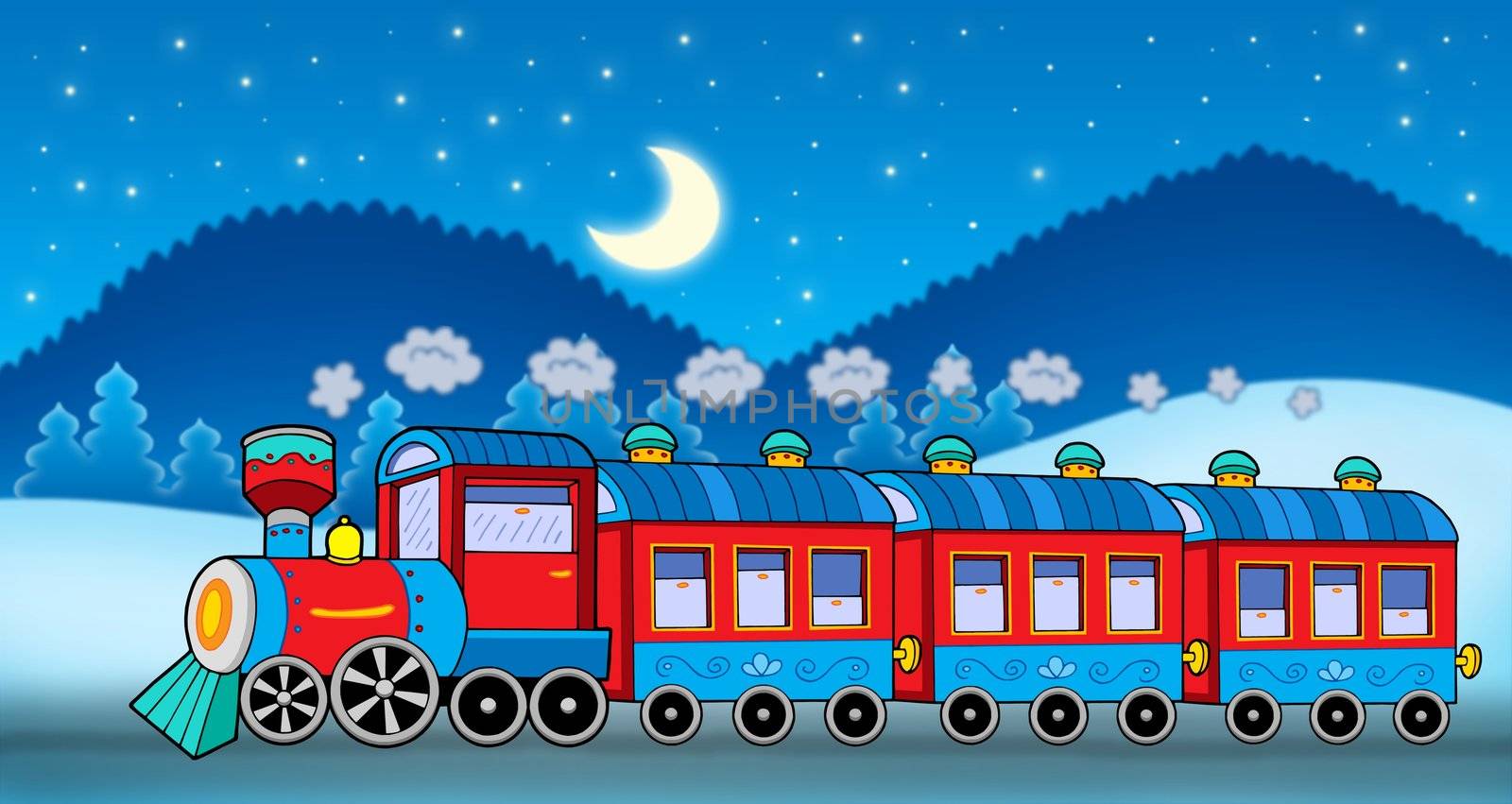 Train in winter landscape - color illustration.