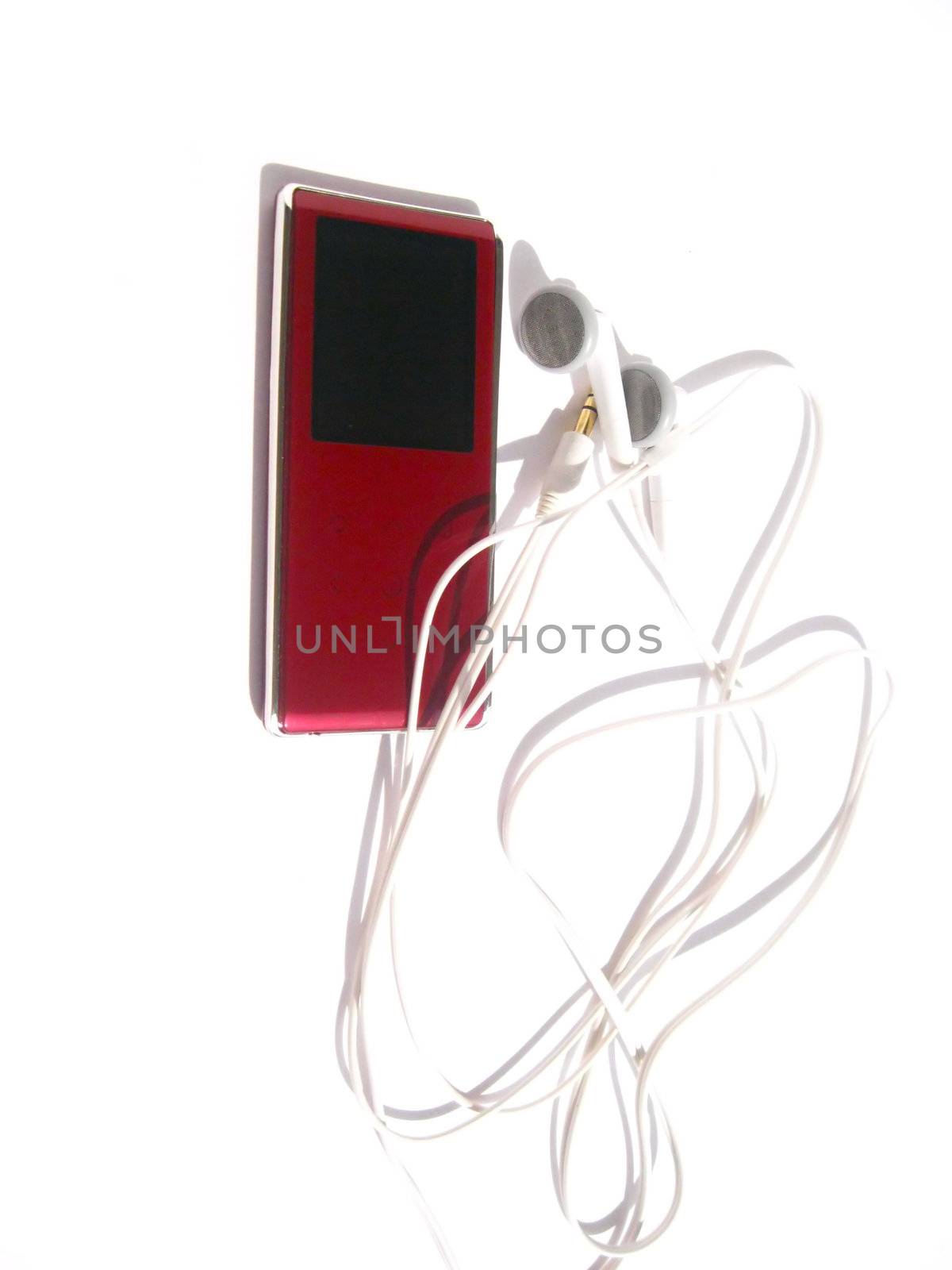 a red mp3 and white ear-phone
