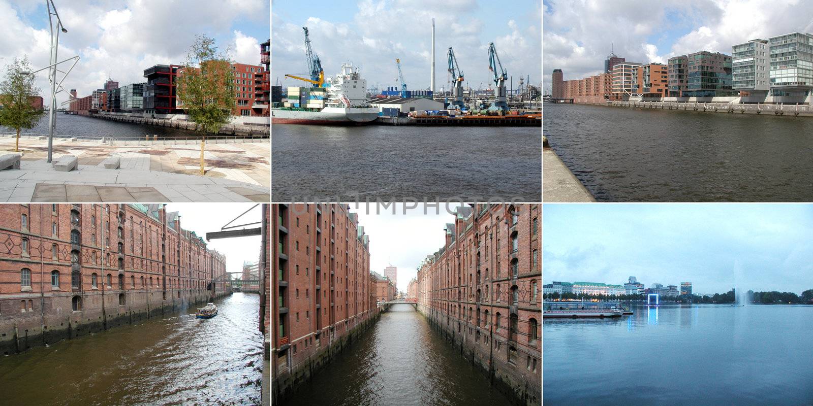 Hamburg hafencity (harbour city) collage with canals and sea