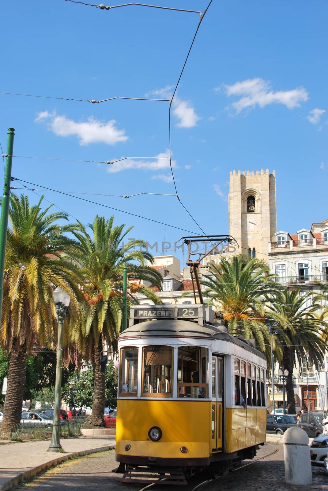 beautiful city sight of the capital of Portugal with yellow typical tram, Lisbon