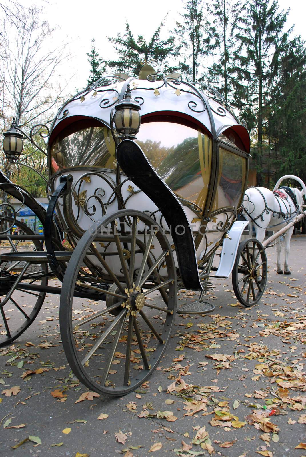 Fairy Tale Forged Coach With Big Metal Wheels And Mirror Glass Windows