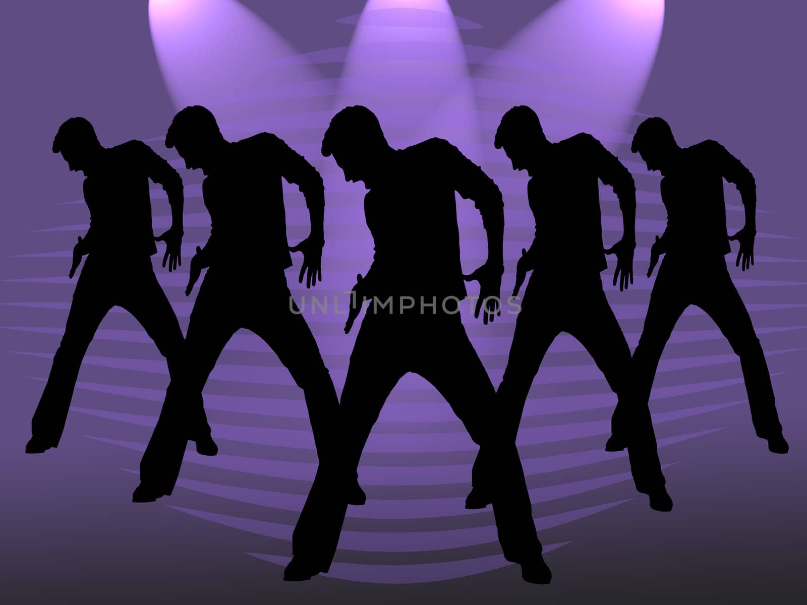 five dancing men on lilac background