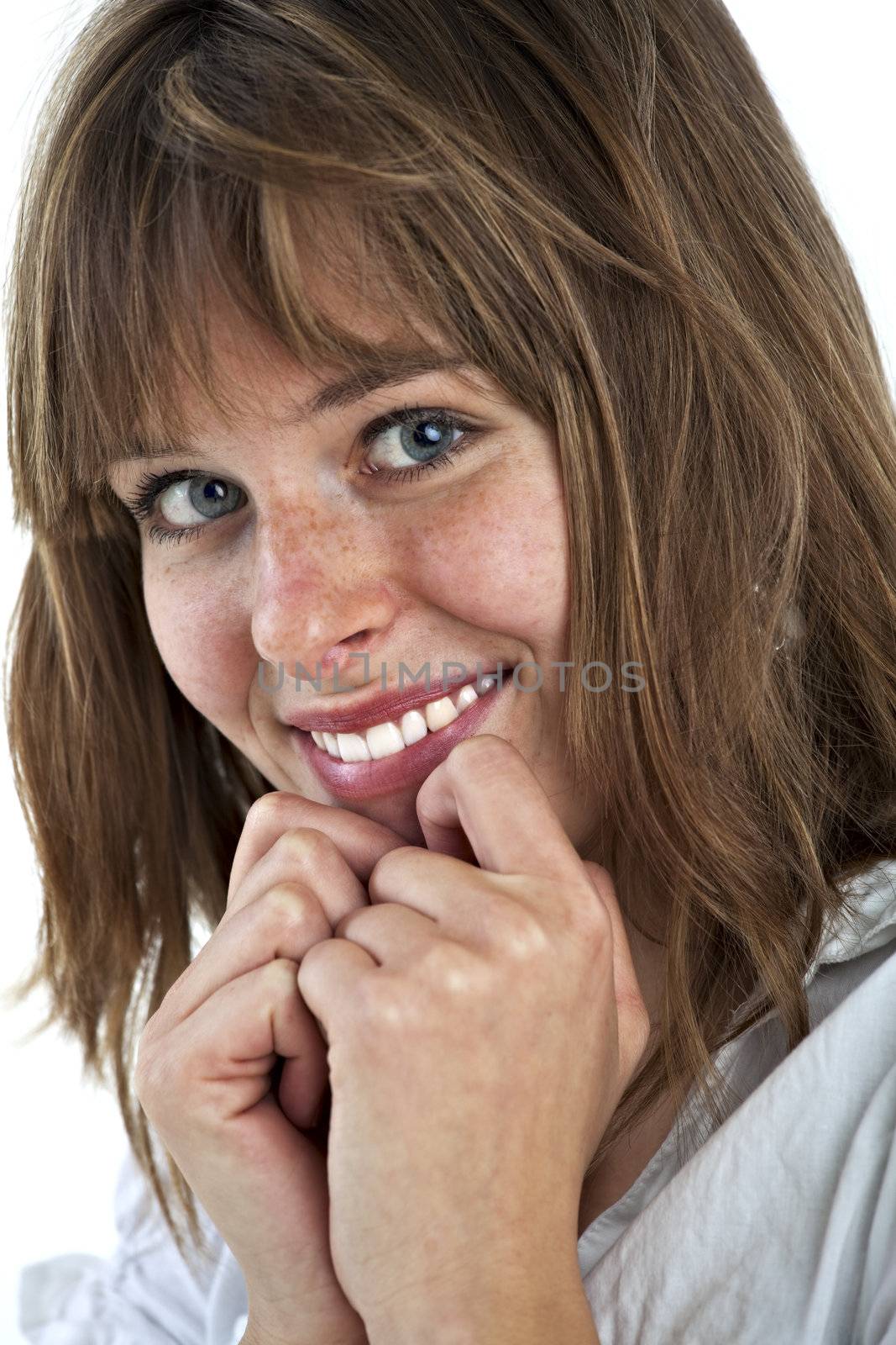 portrait of a pretty young woman on a white background by bernjuer