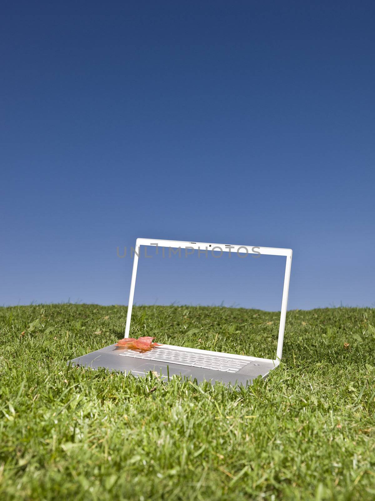 Laptop outdoors on a green field by gemenacom