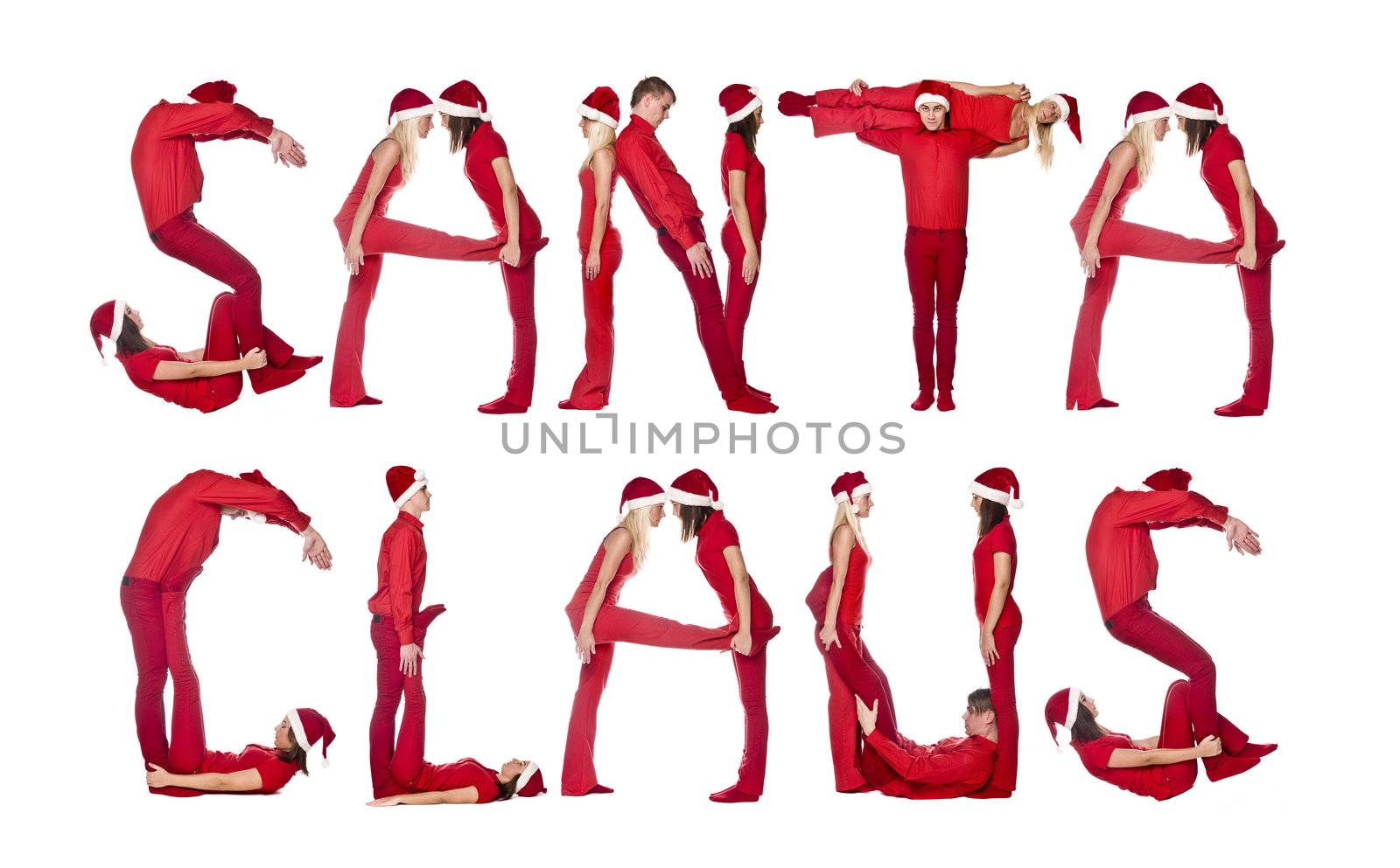 Group of elfs forming the phrase 'SANTA CLAUS' against a white background