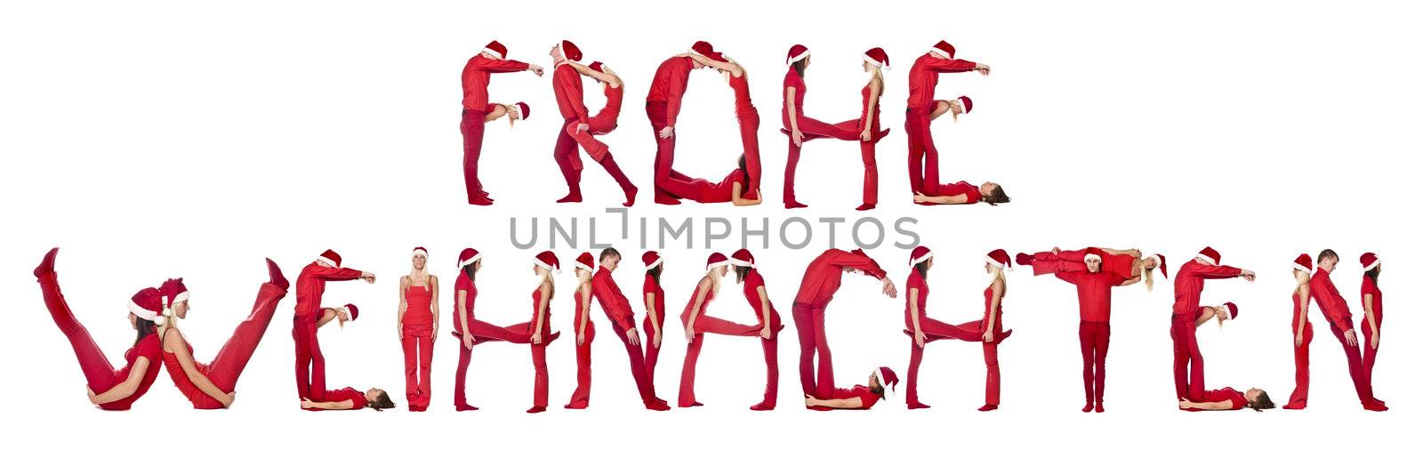 Group of elfs forming the phrase 'FROHE WEINACHTEN' against a white background