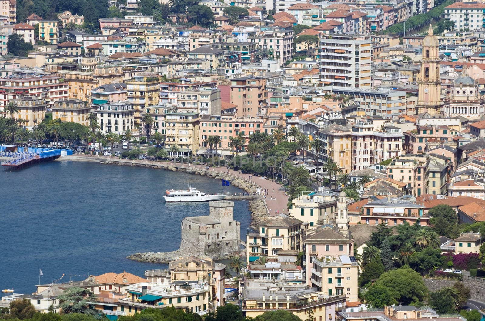 Aerial view of Rapallo with the characteristic castle and promenade. Rapallo is a small town in Liguria near Genova, Italy