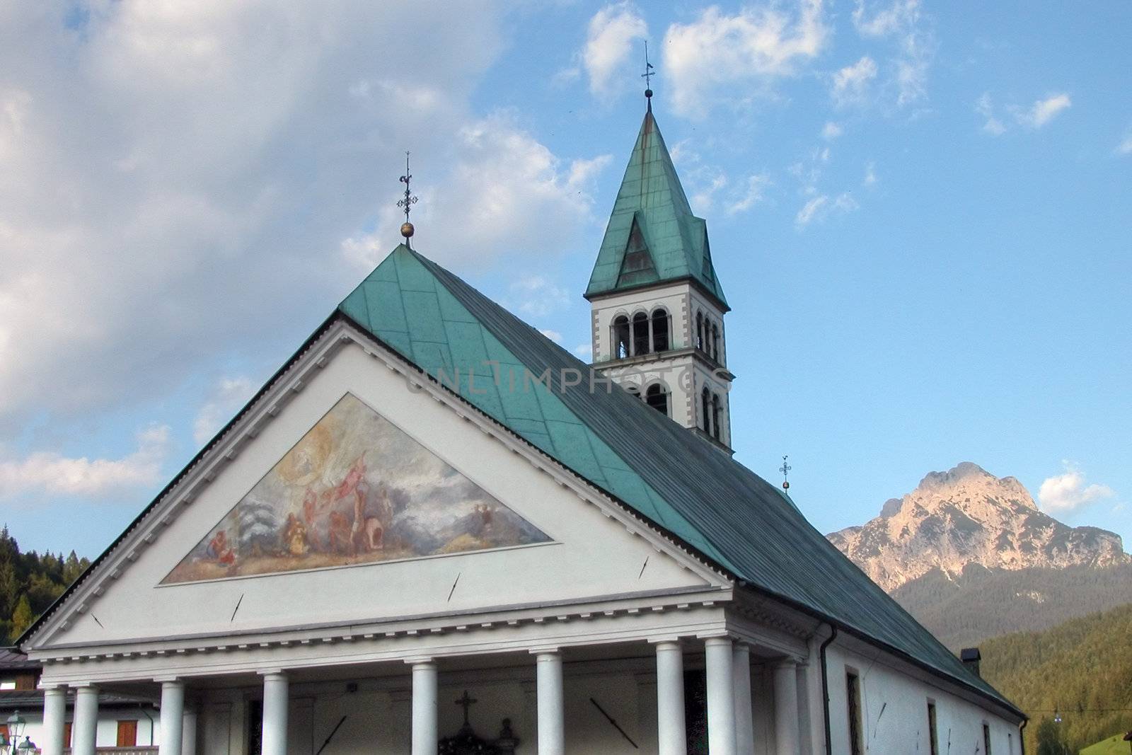 A typical church in a town of the Dolomites Mountains