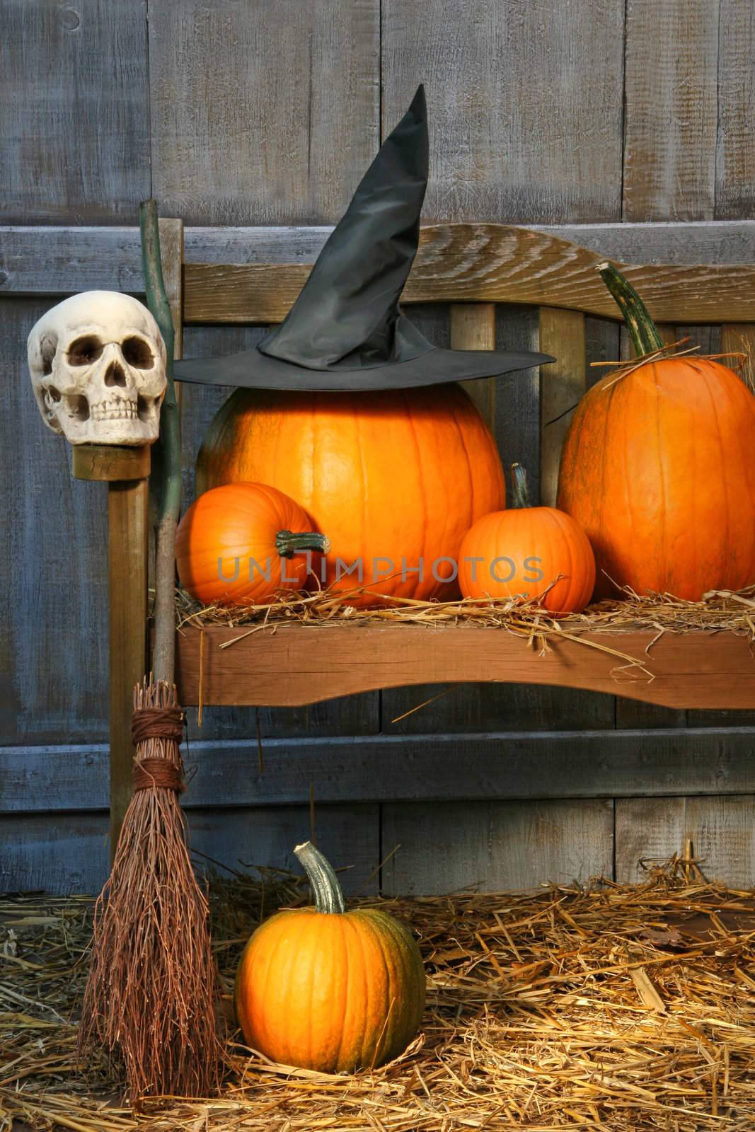 Big pumpkin with black witch hat and broom by Sandralise