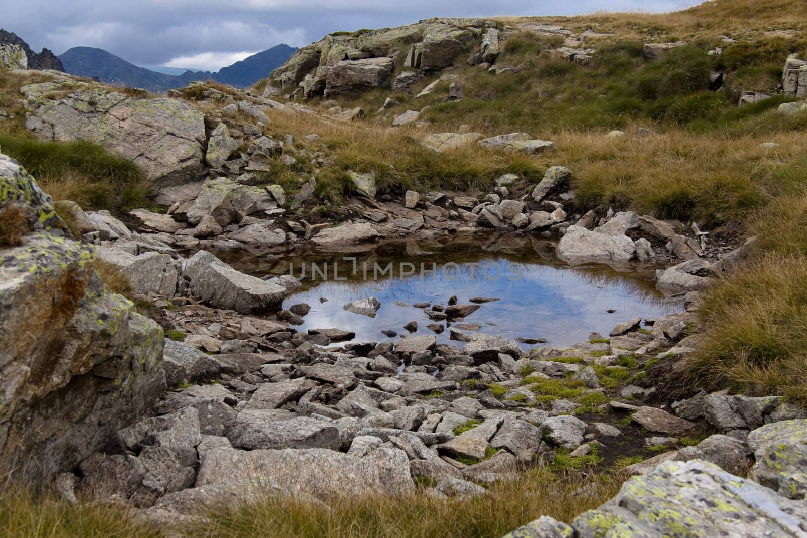 Cloudy day in Pyrenees - Andorra. Puddle on the meadow.