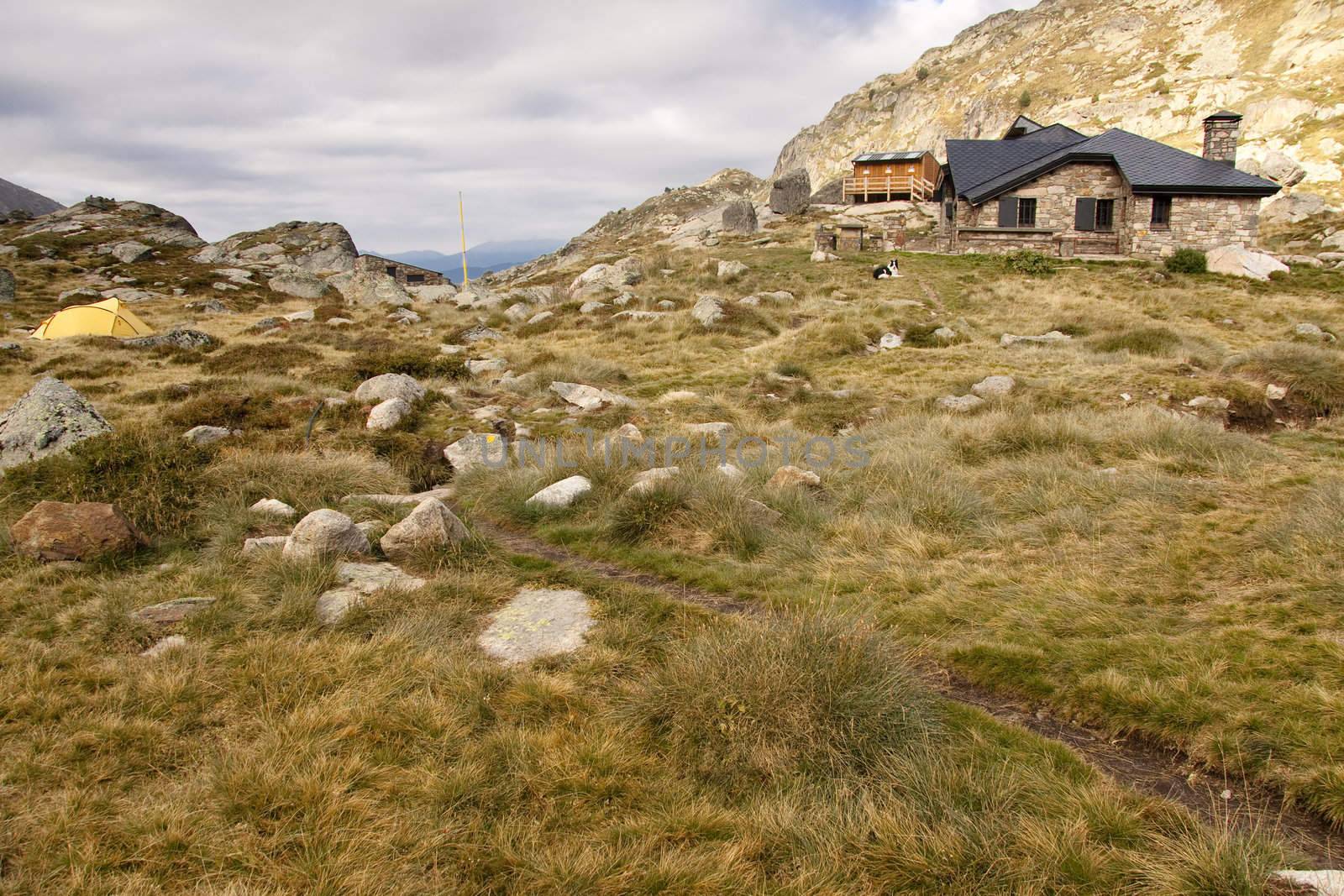 Jucla refuge in Andorra, Pyrenees mountain. Autumn cloudy day.