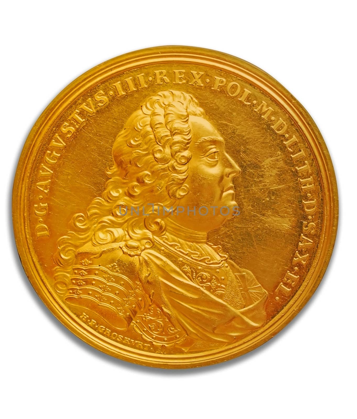 Golden Saxon coin with king August face. Cut out path for the coin. Issolated on white.
