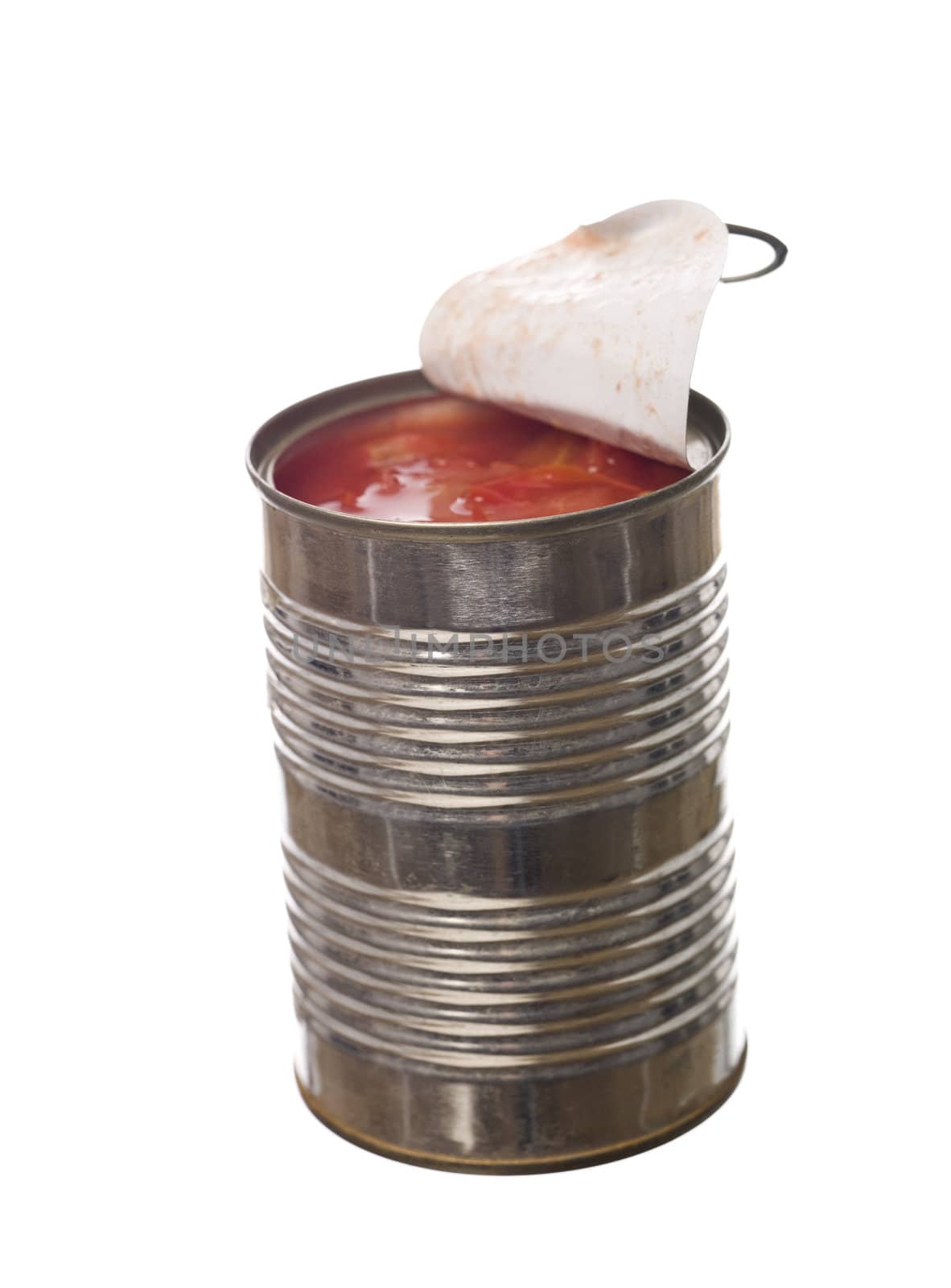 Tin can with tomatoes isolated on white background