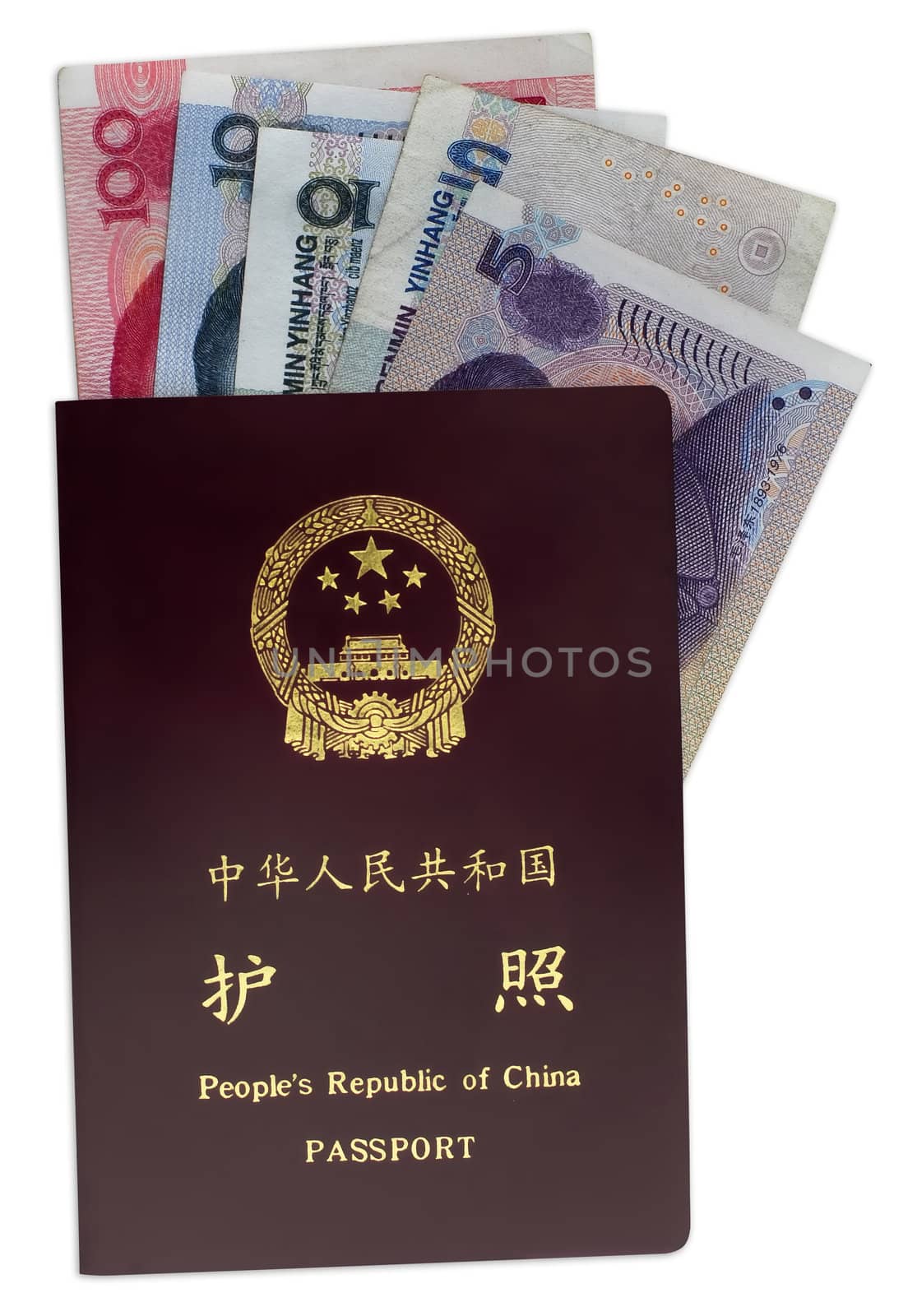 Chinese international passport and chinese mainland currency inside.