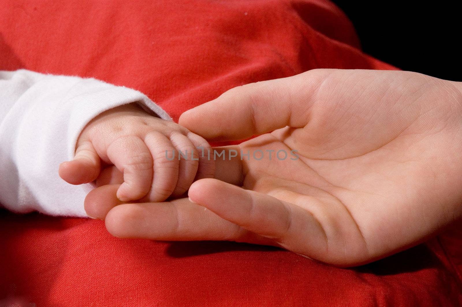 Close-up of babys hand holding sisters hand