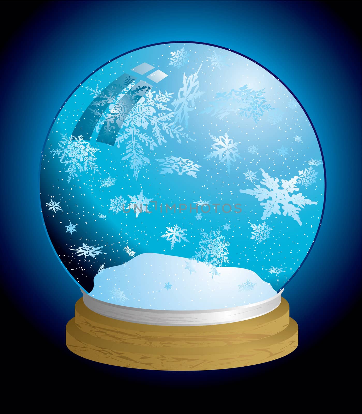 Christmas holiday snow globe with snowflakes and wooden base