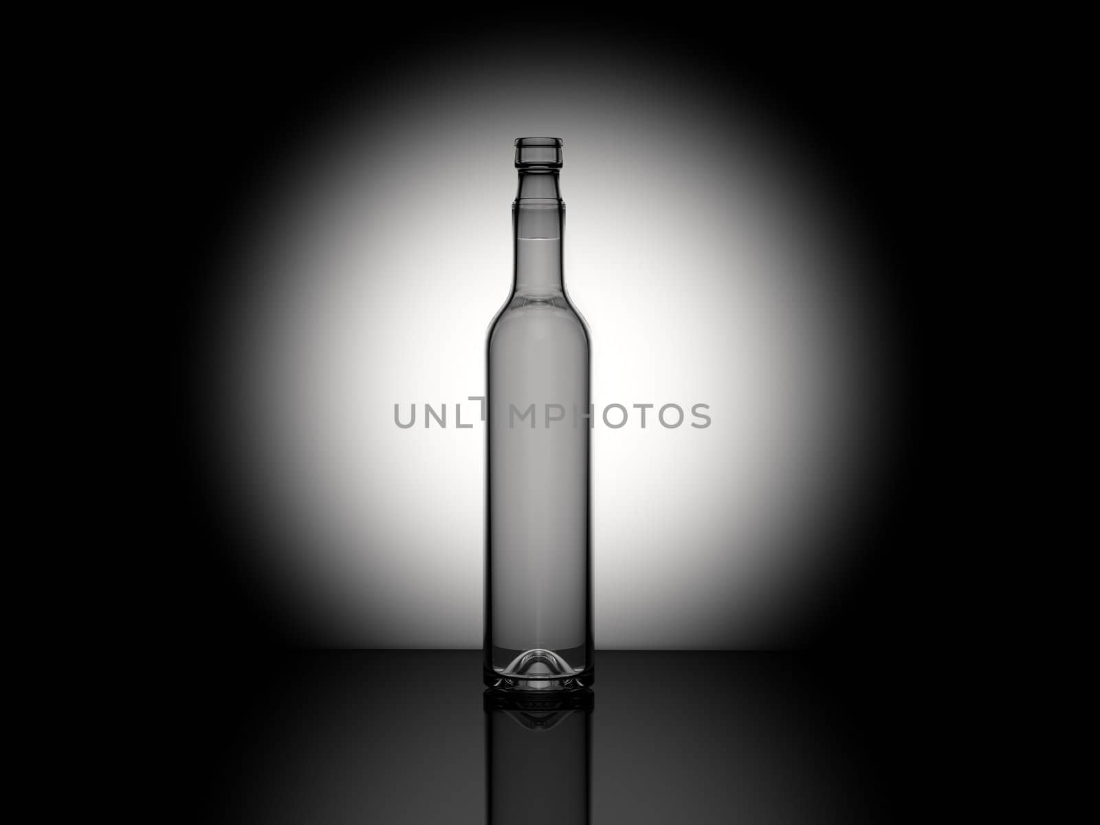 3d 700 ml glass bottle with some reflexion on the table and spot light in the back