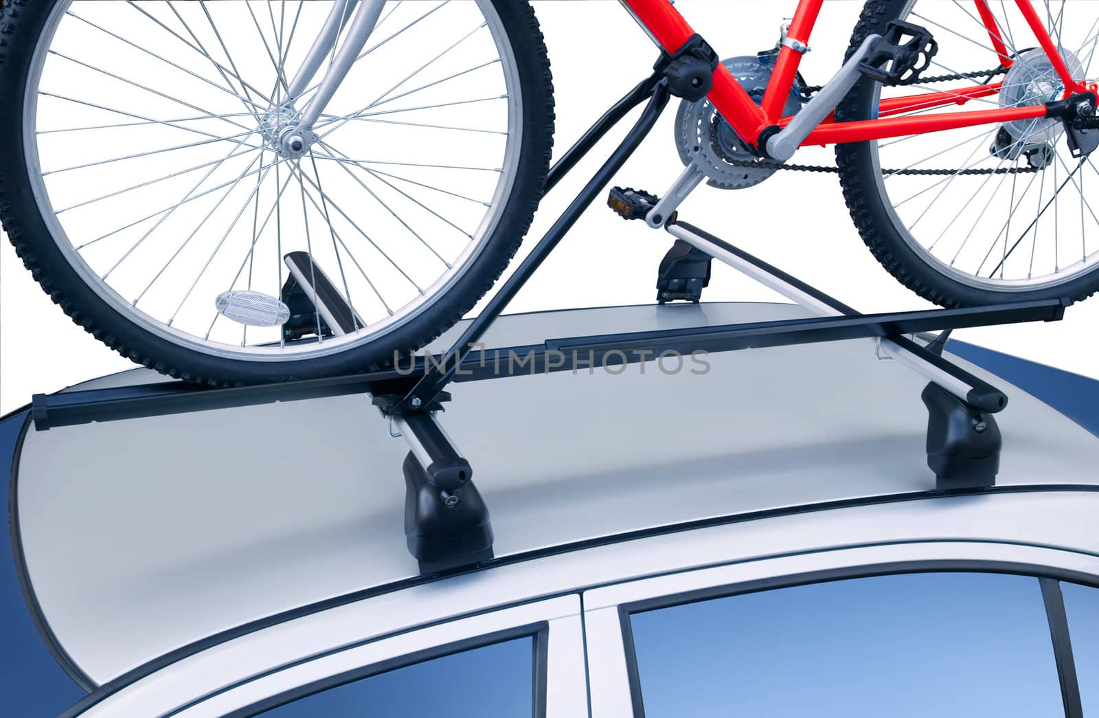 Roof rack with bicycle on. Isolated on white.