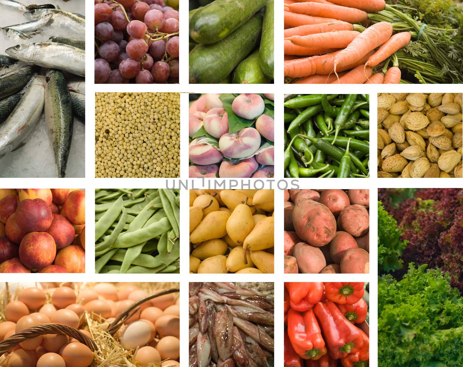 Colorful market food collage made from sixteen pictures.